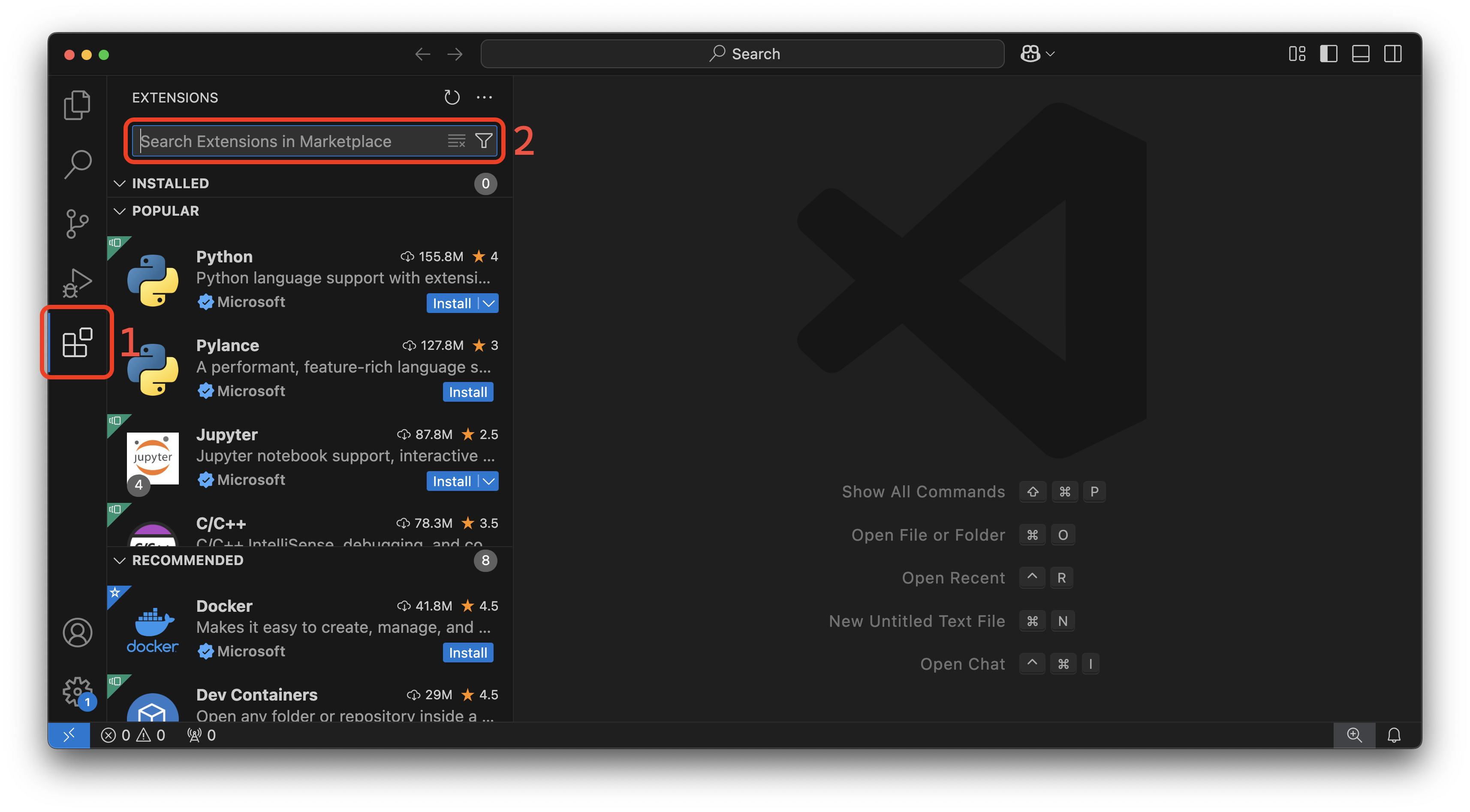 Searching for extensions on the extensions marketplace in VS Code