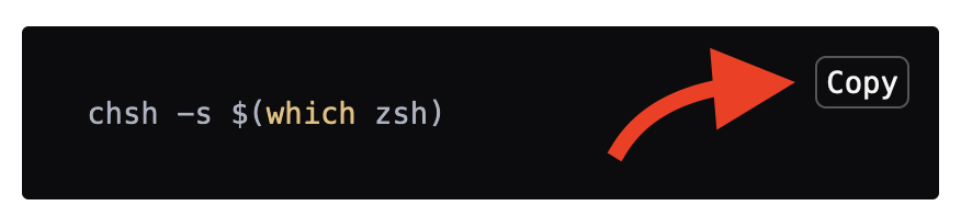 A code bock shown in GitHub pages. The Copy button is being pointed at by a red arrow.