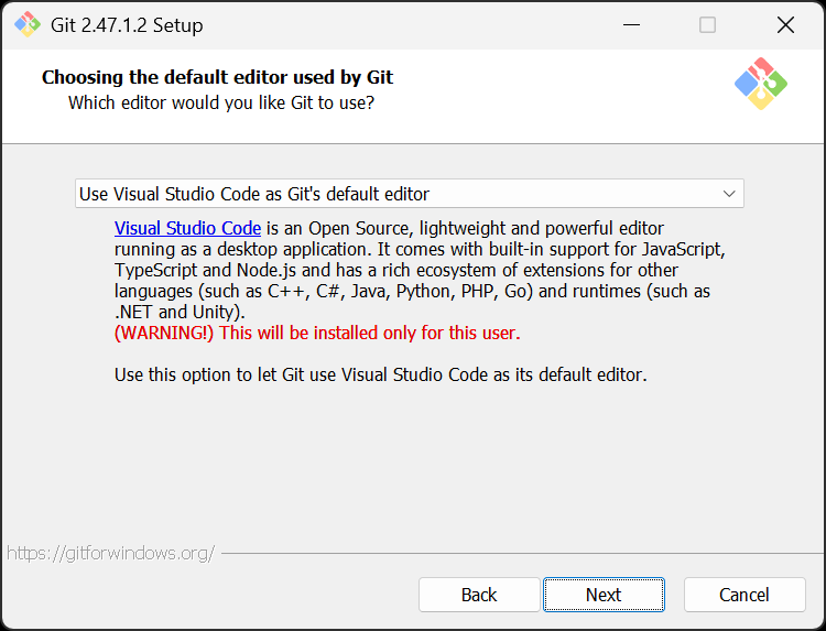 We are using VS Code as Git's default editor (just in case you ever use Git in Windows for any reason in the future, this will already be set up for you)