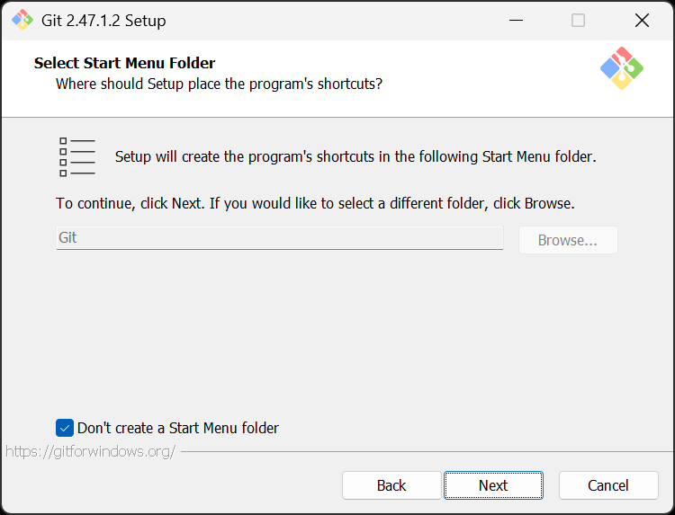 When prompted to Select a Start Menu Folder, we are opting to not create a Start Menu folder.