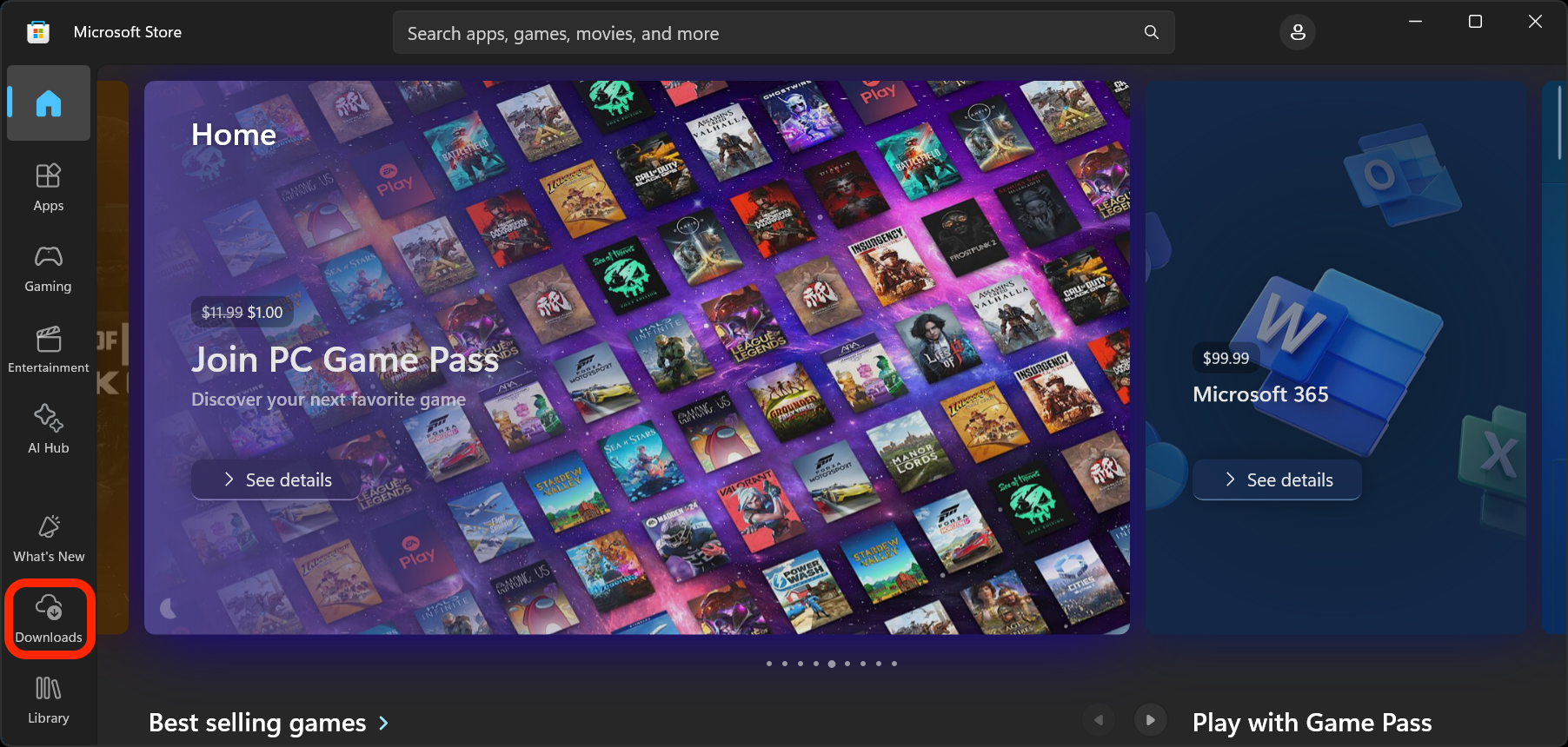 The Microsoft Store home page with the Downloads link highlighted in red.