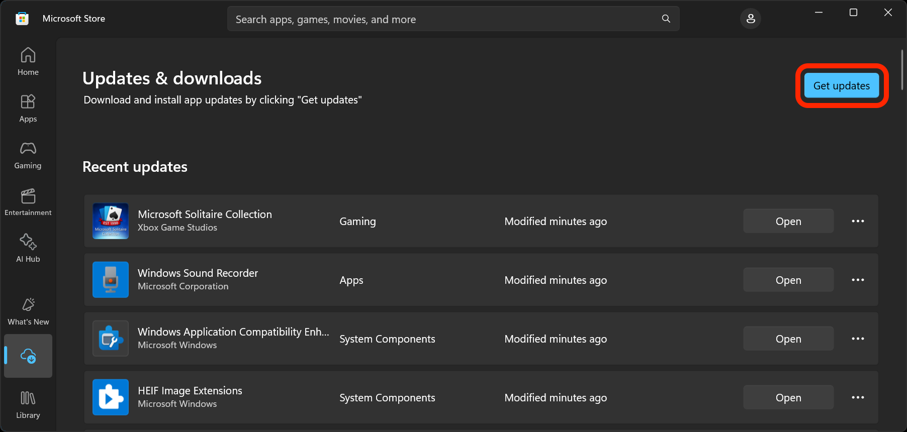 The Get Updates button on the Library page highlighted in red.