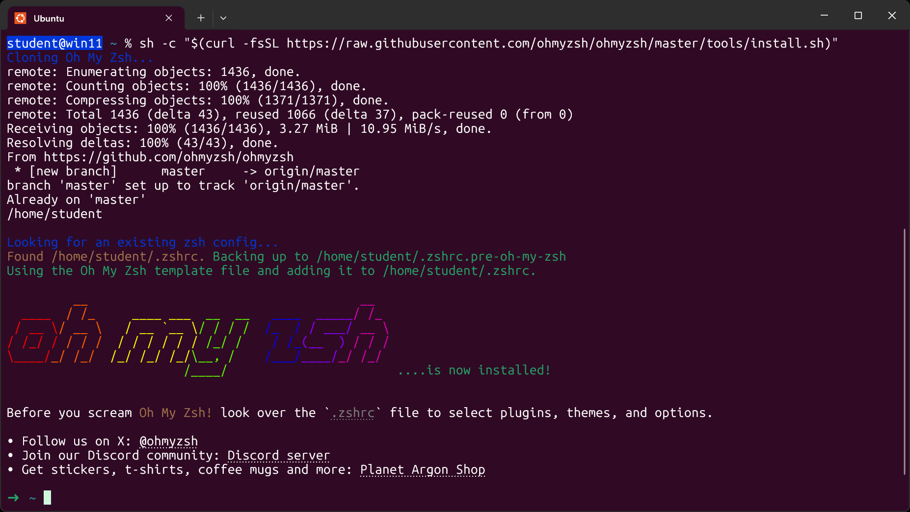 A successful installation of Oh My Zsh