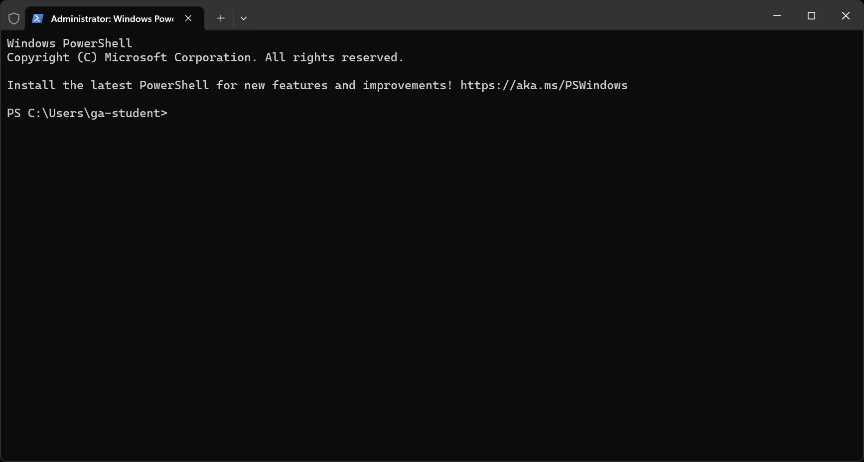 PowerShell running with administrative access in the Windows Terminal. Note the shield in the title bar indicating that PowerShell is running with elevated permissions!
