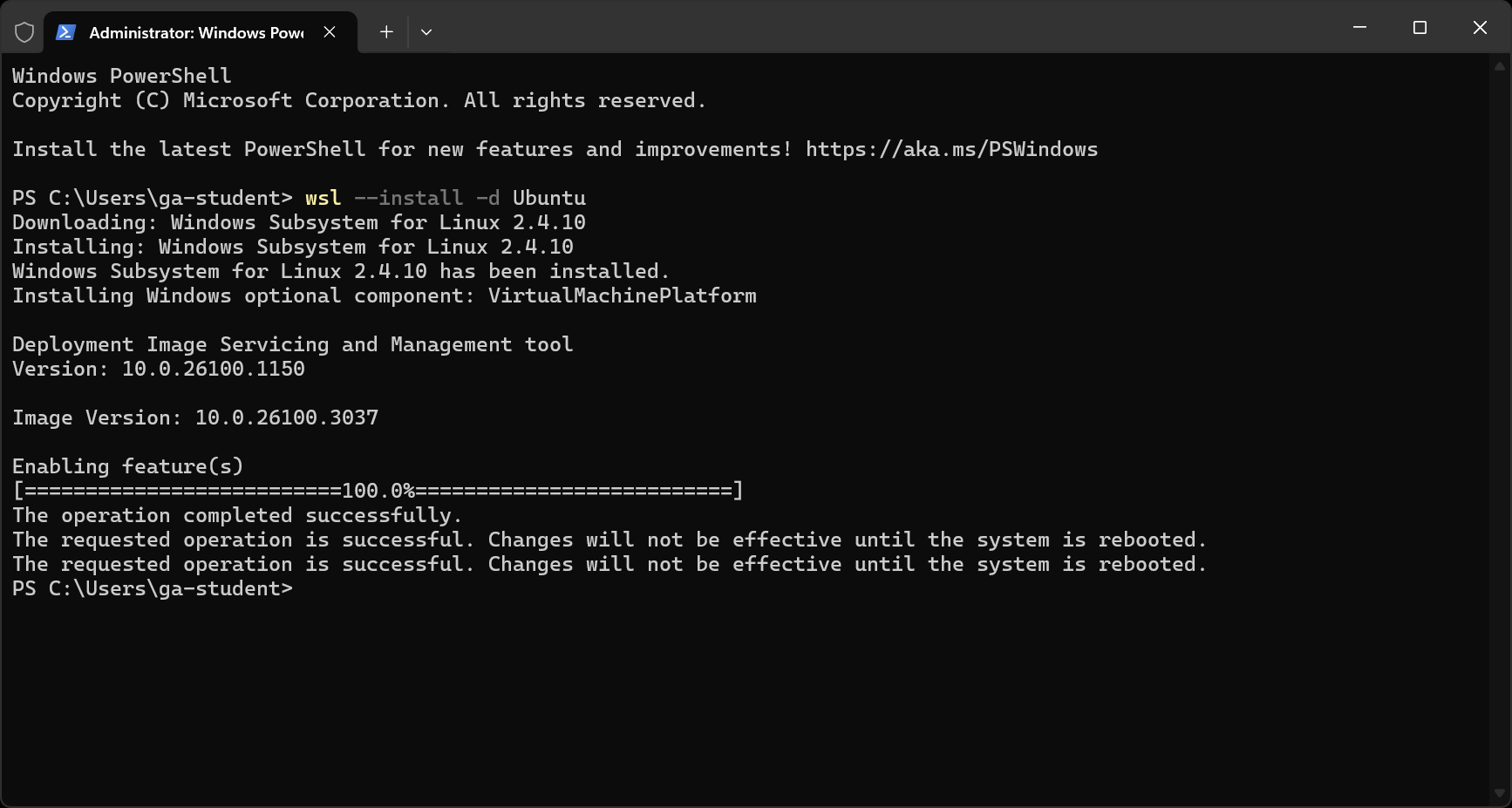 The expected output shown in PowerShell after running the above command.