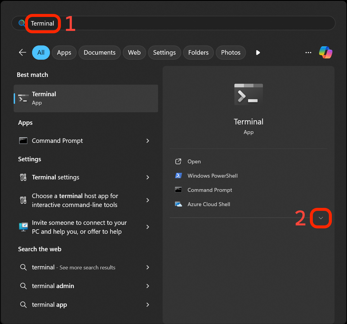 Terminal found using a search in the Start menu. The expand option is highlighted.