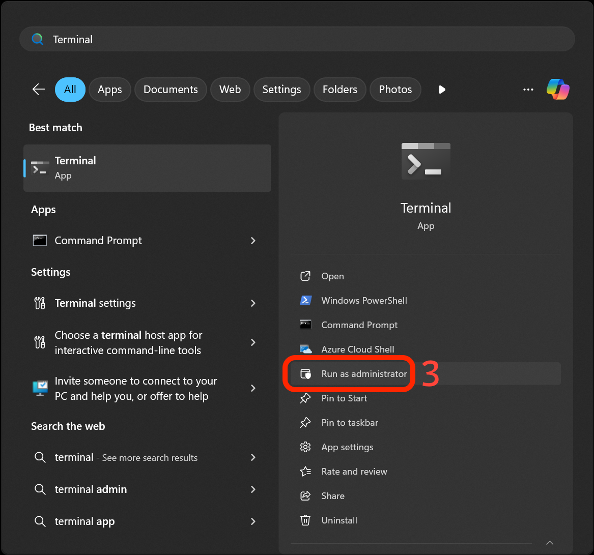 With the expand option selected, the Run as administrator option is highlighted.