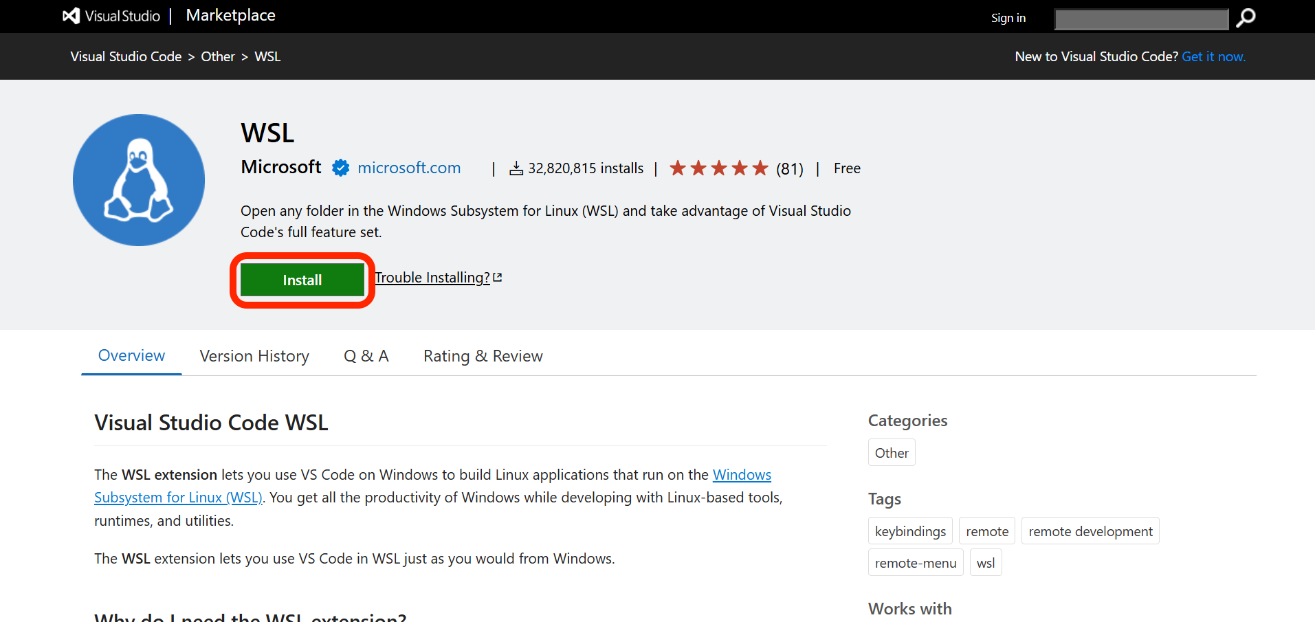 The page for the WSL extension in the VS Code Extension Marketplace shown in the Chrome browser.