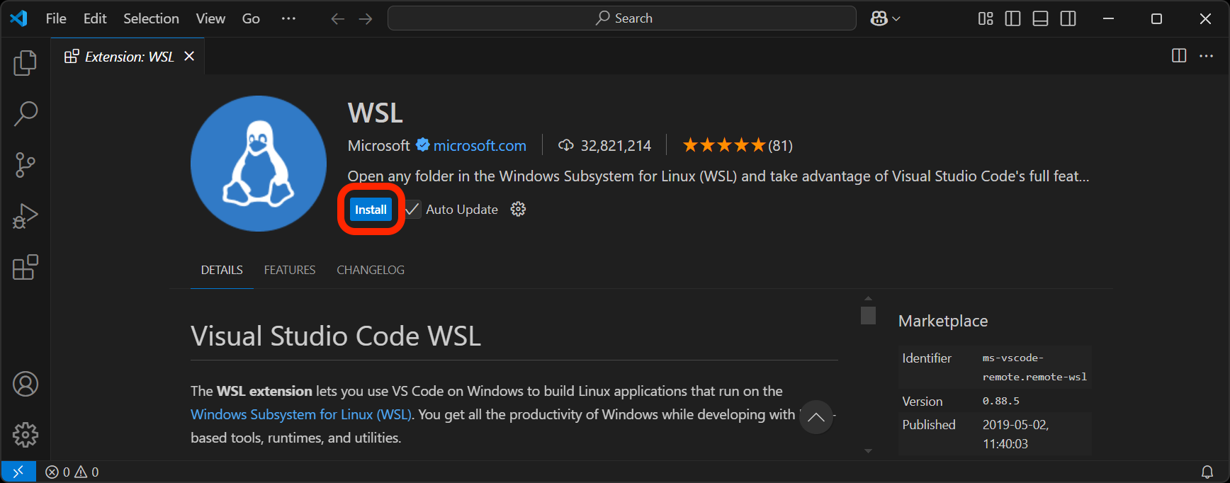 The page for the WSL extension in the VS Code Extension Marketplace.