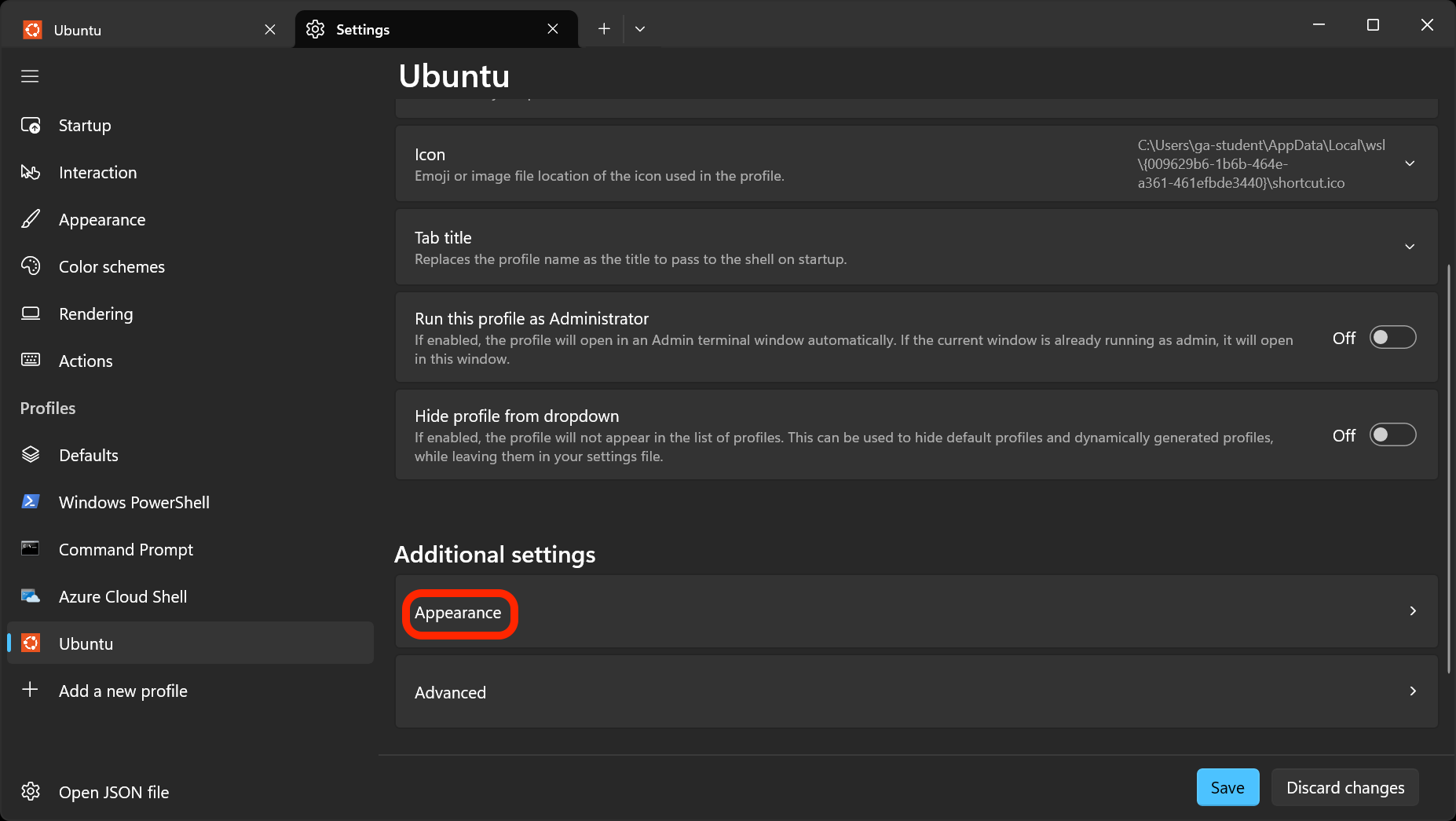 Select the Appearance option in the Additional settings section.