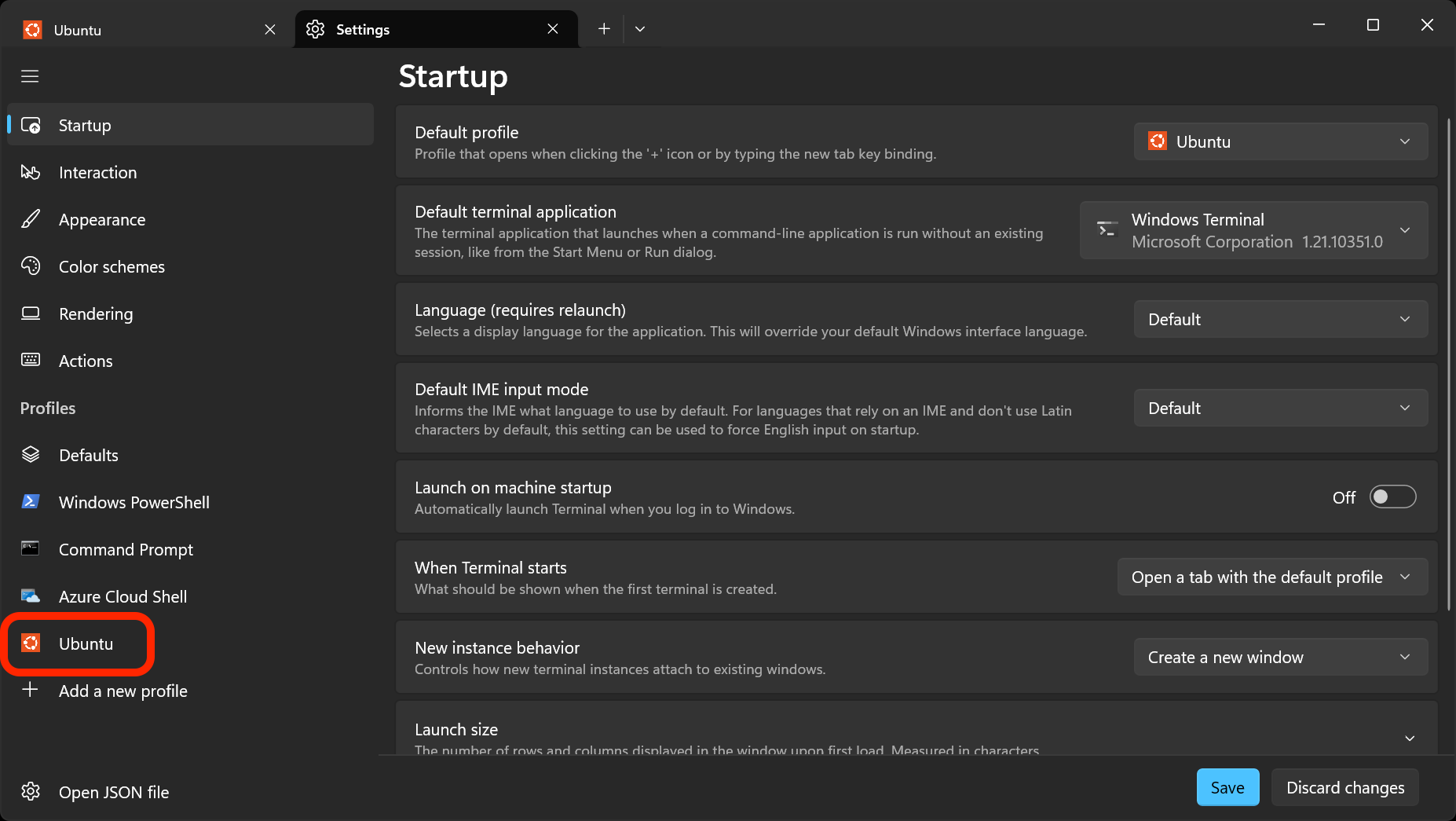 Select the Ubuntu profile in the Settings tab.