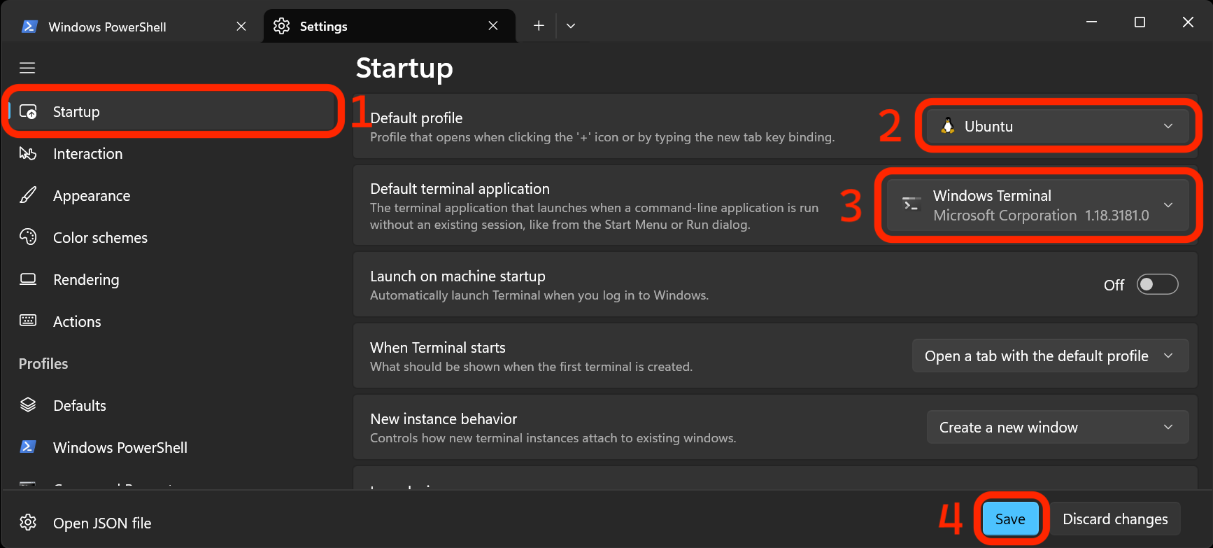 In the Settings tab in Terminal, the Startup section has been selected and the Default profile has been changed to Ubuntu.