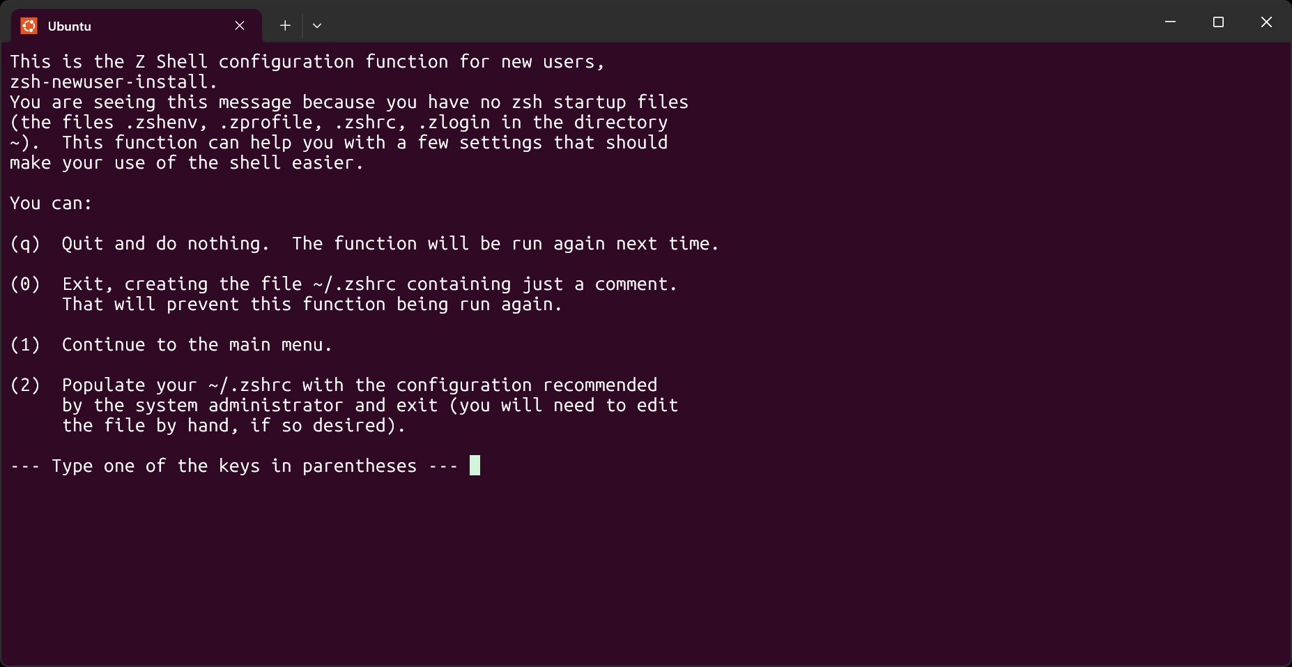 Terminal after launching Zsh for the first time.