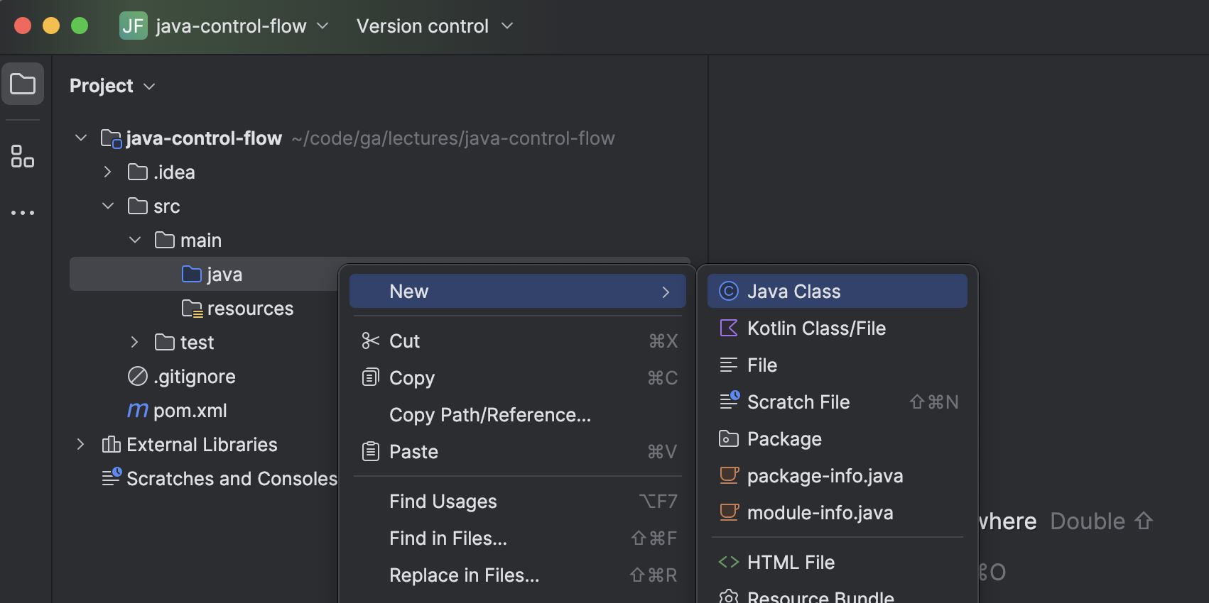 The beginnings of a new Java class in the src/main/java directory