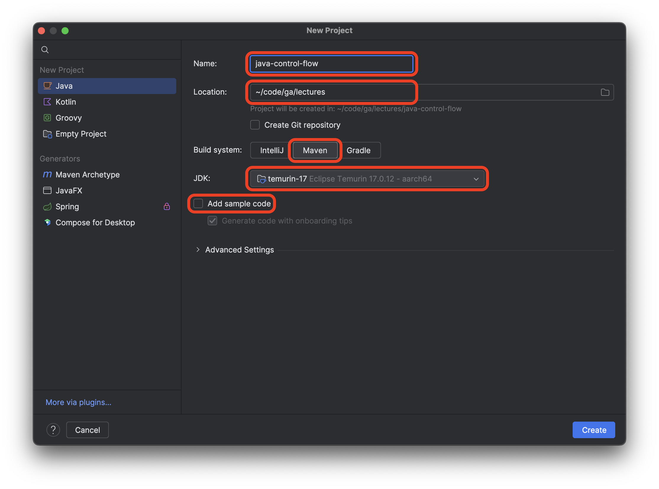 A new project being created with the appropriate values - java-data-types-and-variables is the project name, it's located in the ~/code/ga/lectures directory, the JDK is temurin-17, and the add sample code option is has been unchecked.