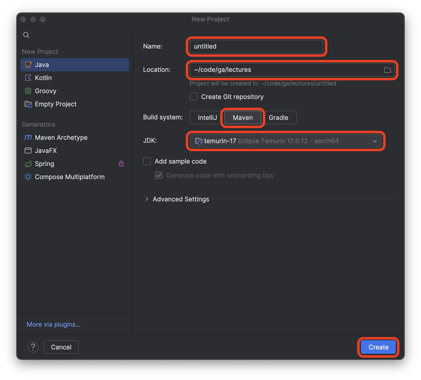 A new project being created in the ~/code/ga/lectures directory, the JDK is temurin-17, and the add sample code option is has been unchecked. The name of the project should be java-objects-and-classes.
