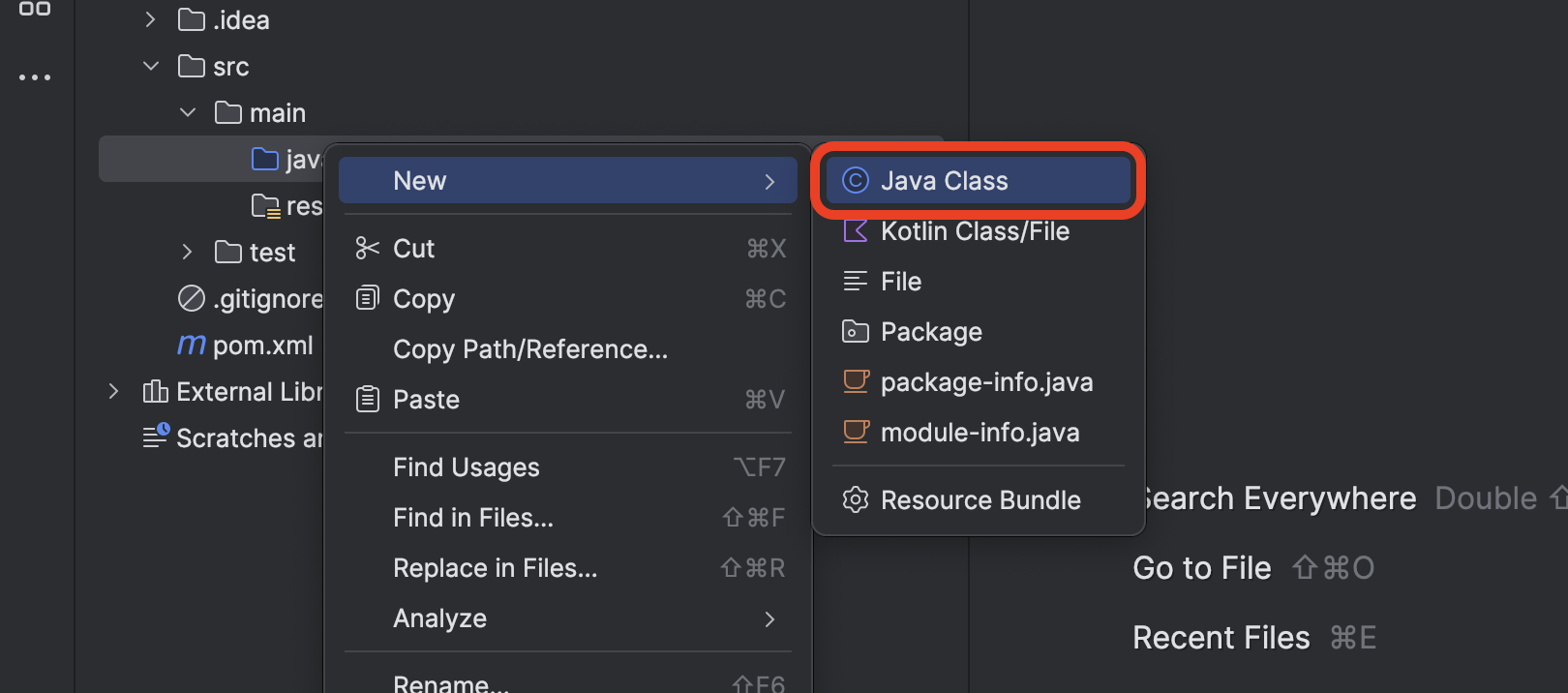 The beginnings of a new Java class in the src/main/java directory.