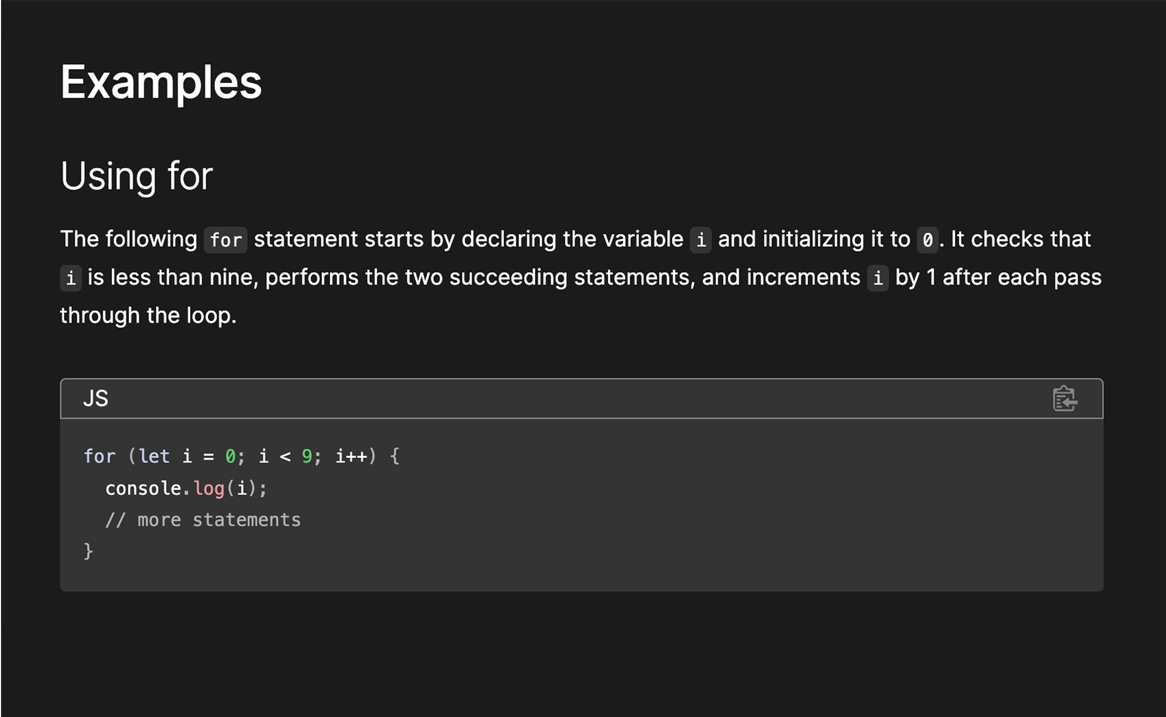 Examples of how to use for loops from MDN