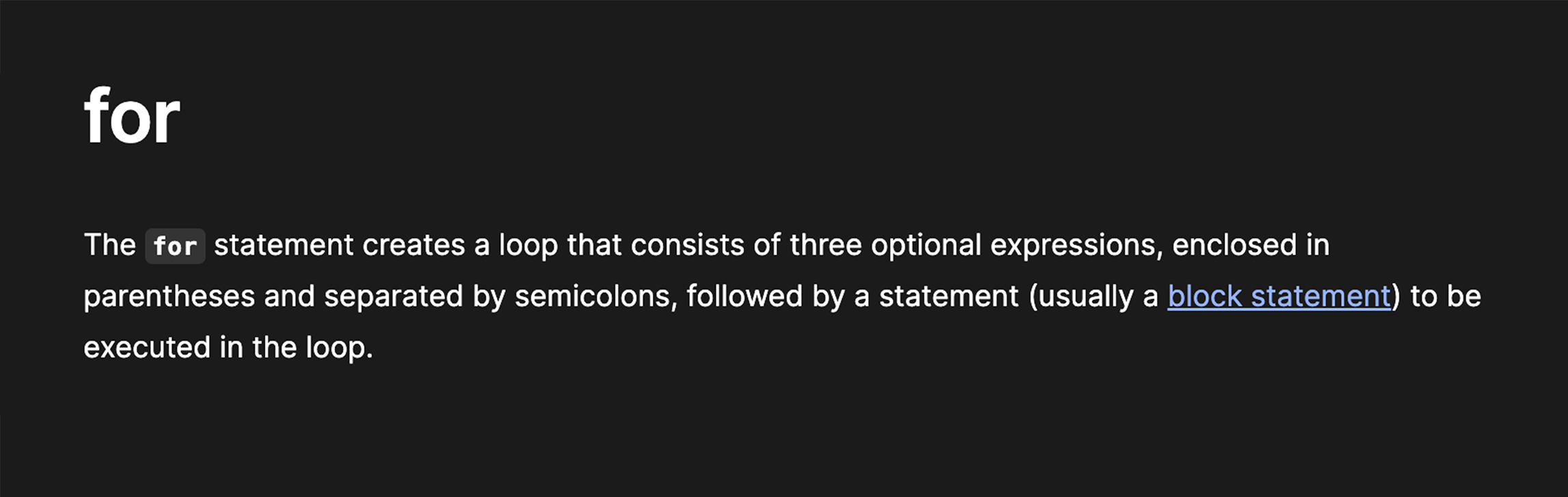 Summary of for loop from MDN