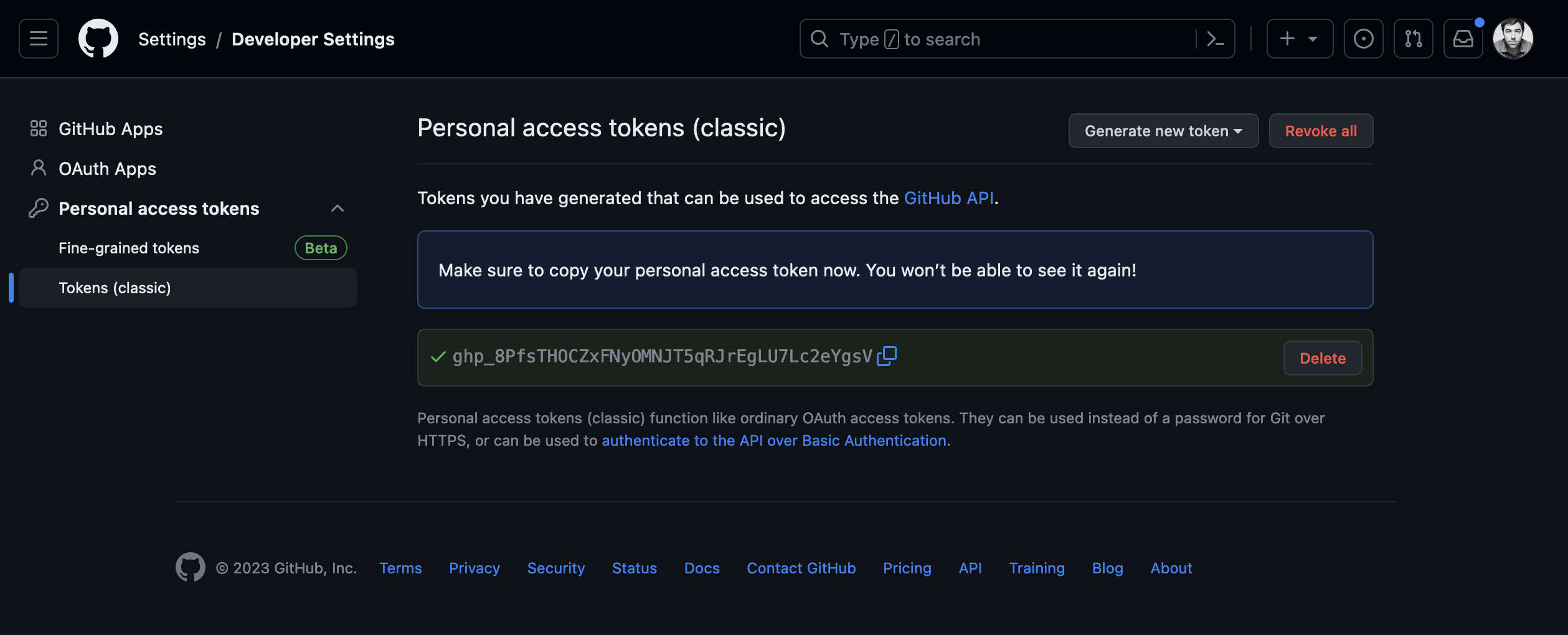 A newly created Personal Access Token!
