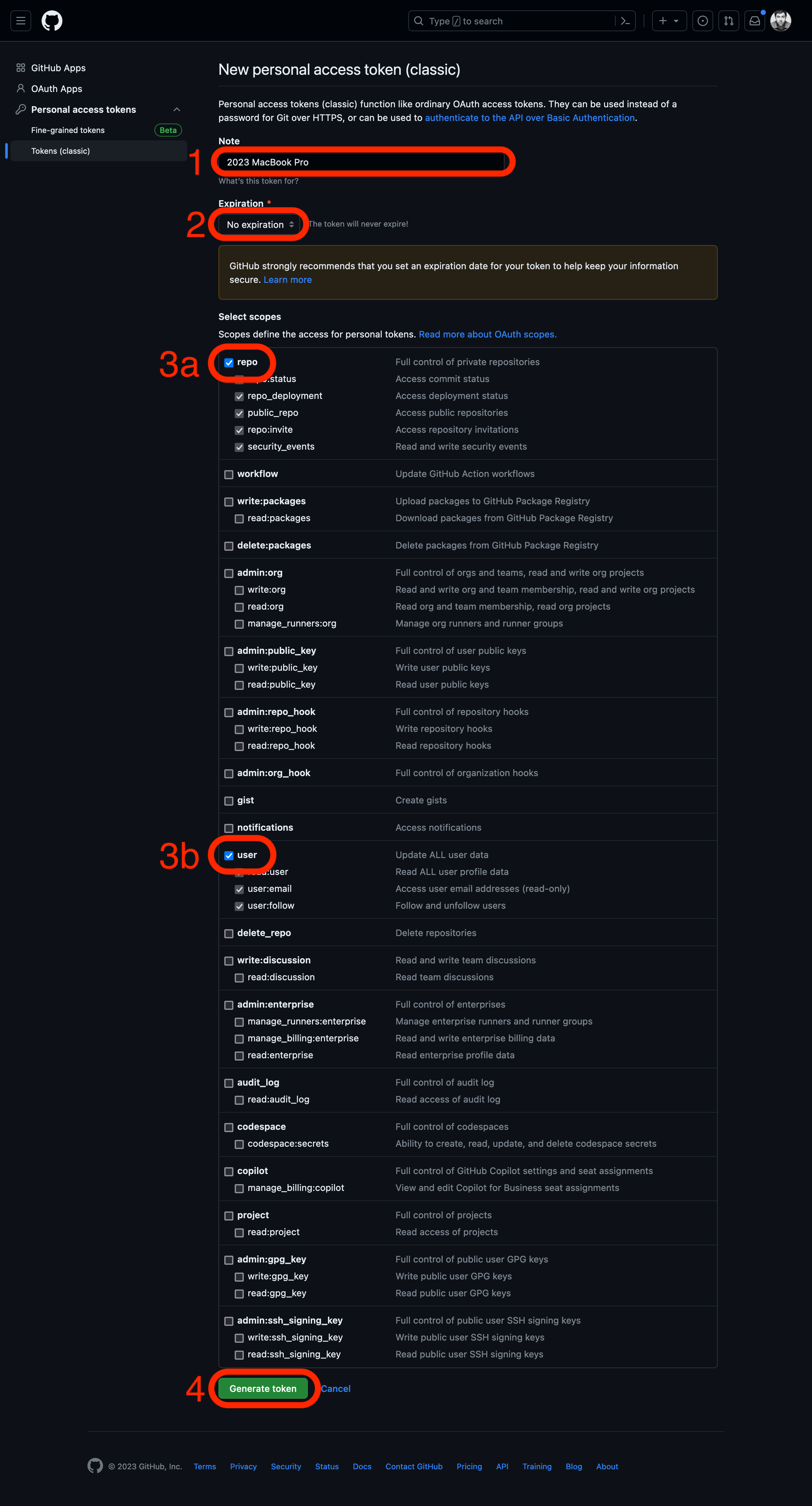 The GitHub New personal access token (classic) page. A note is provided describing the device the token is for (2023 MacBook Pro). The token has been set to never expire. The repo and user scopes are both selected. Finally, the Generate token button is highlighted.