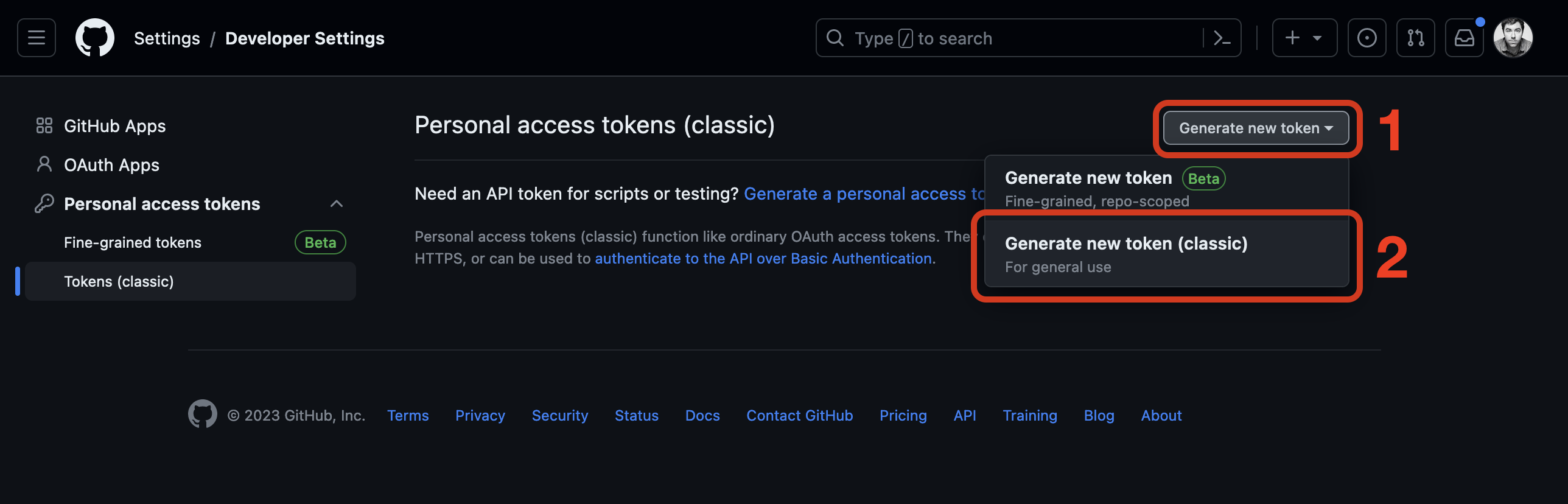 The Personal access token page in Developer Settings. Note the Generate new token button towards the top right of the page has been selected and the Generate new token (classic) option is highlighted.