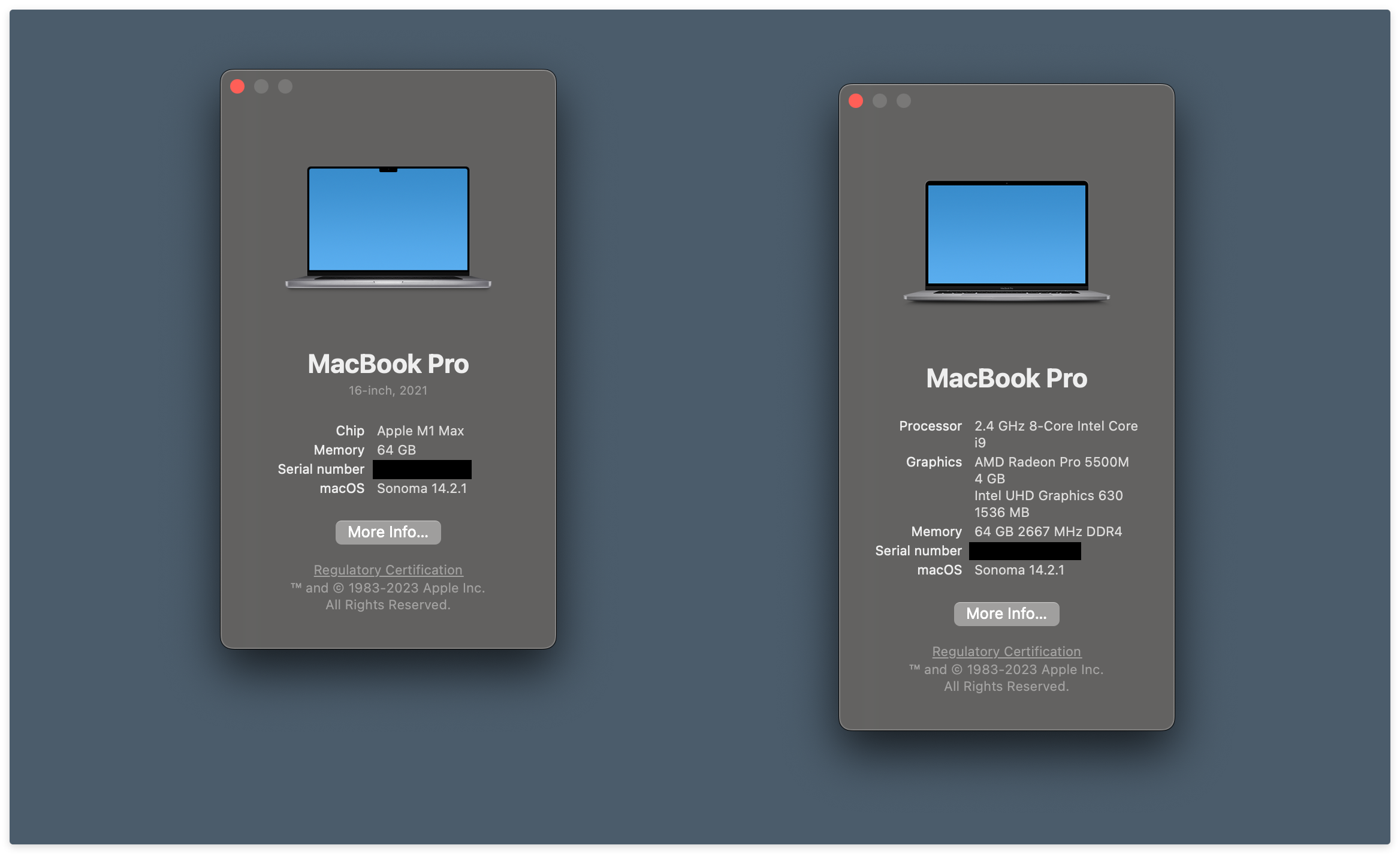 On the left, a Mac running macOS Sonoma 14.1.2 with an Apple Silicon chip. On the right, a Mac running macOS Sonoma 14.1.2 with an Intel chip.