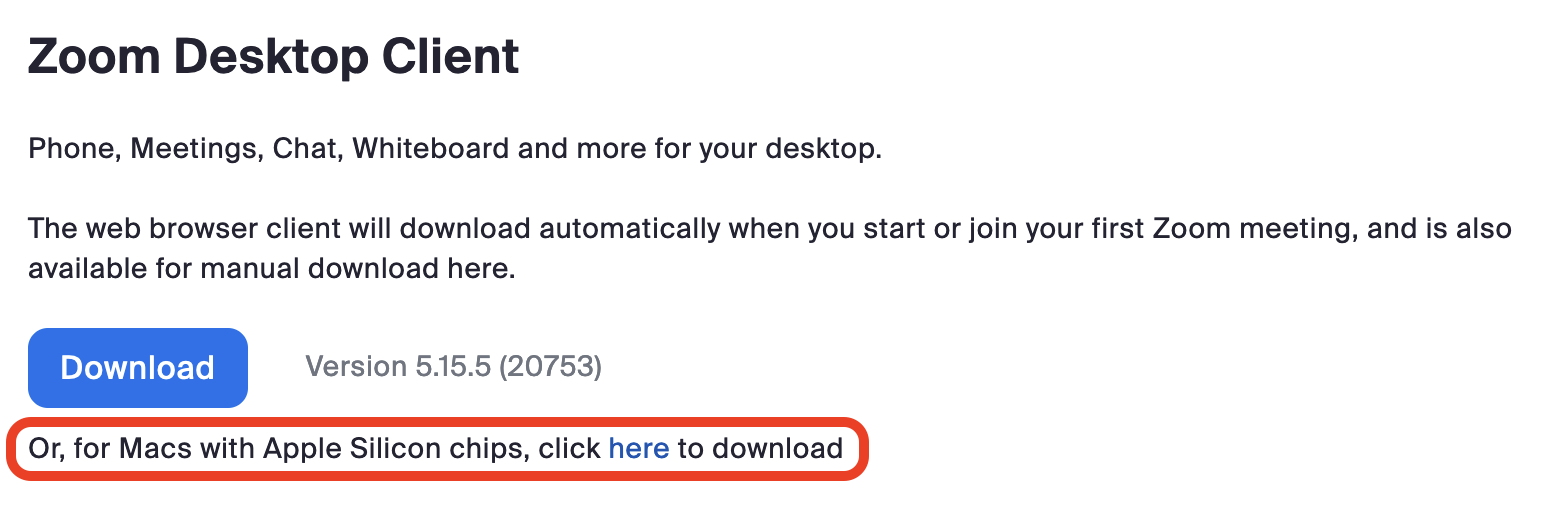 A screenshot of the Zoom download page. The download option for the Zoom client for Apple Silicon devices is highlighted.