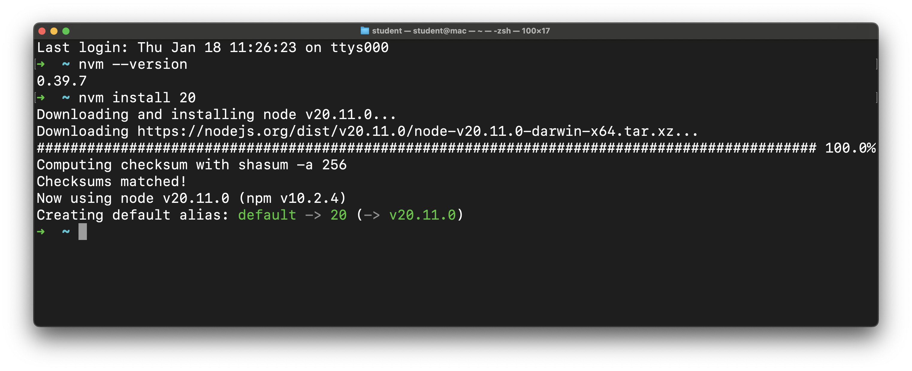 A successful install of node v20.11.0