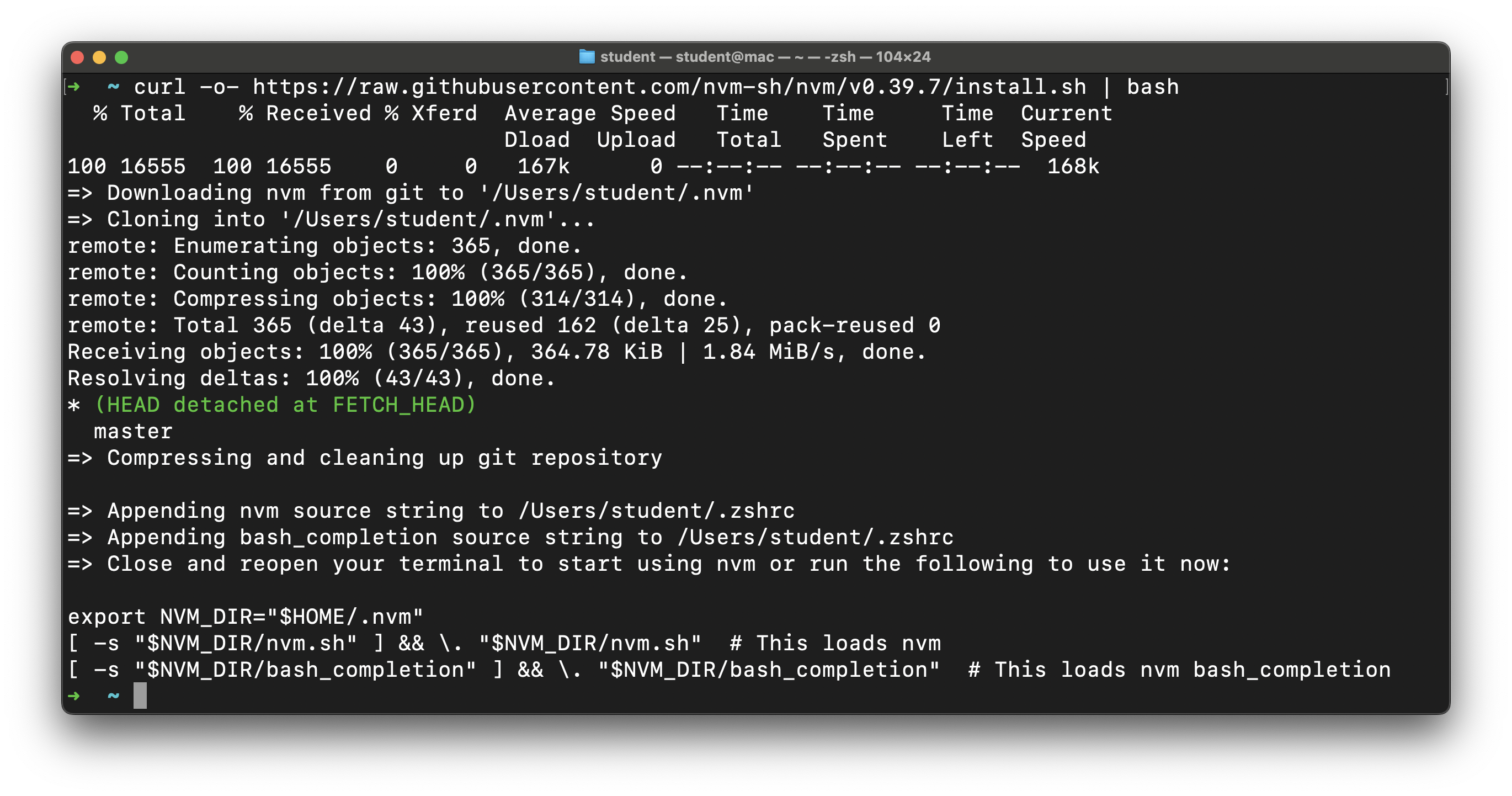 The completed installation of `nvm`.