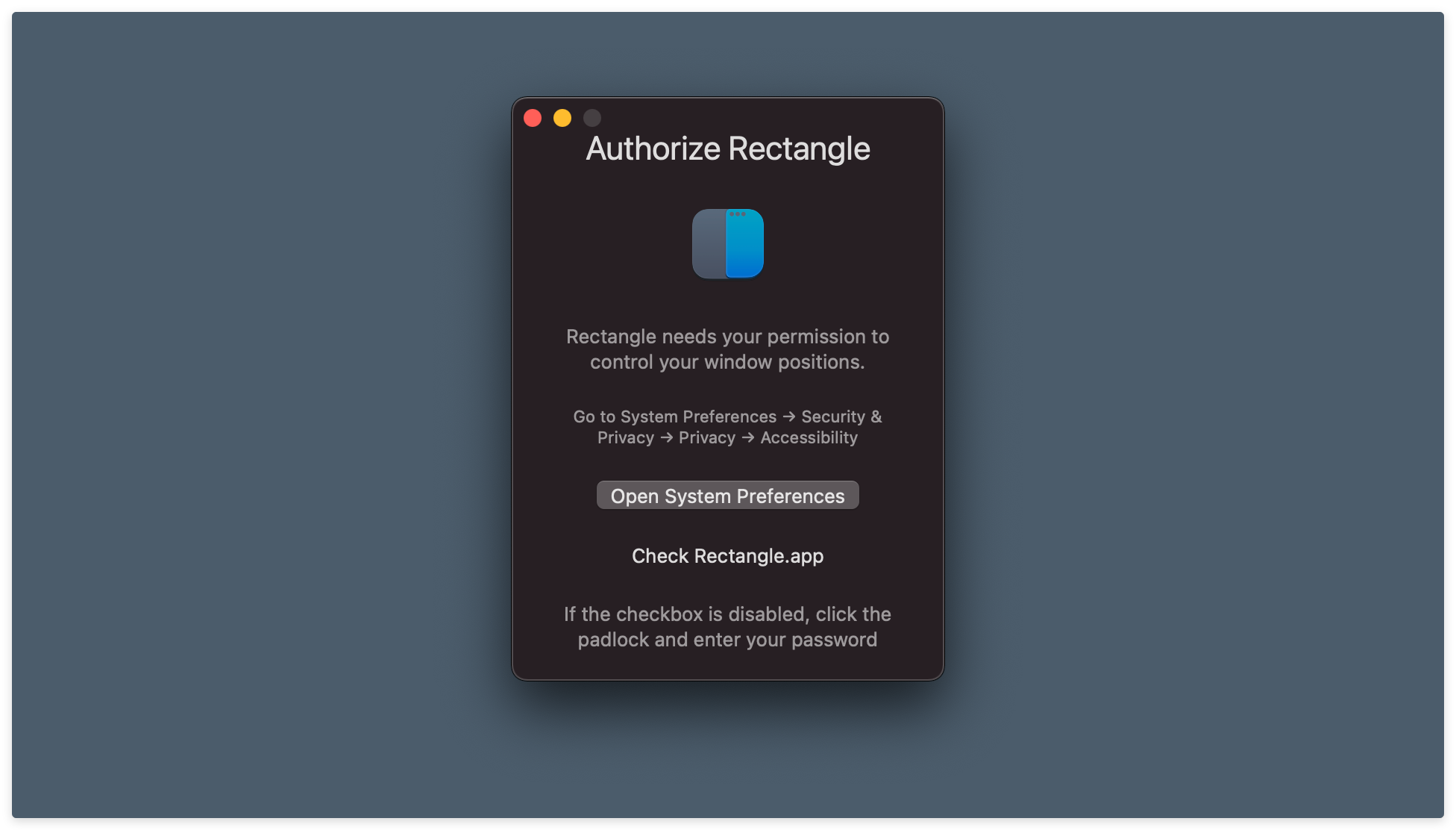 Rectangle, prompting for accessibility permission.