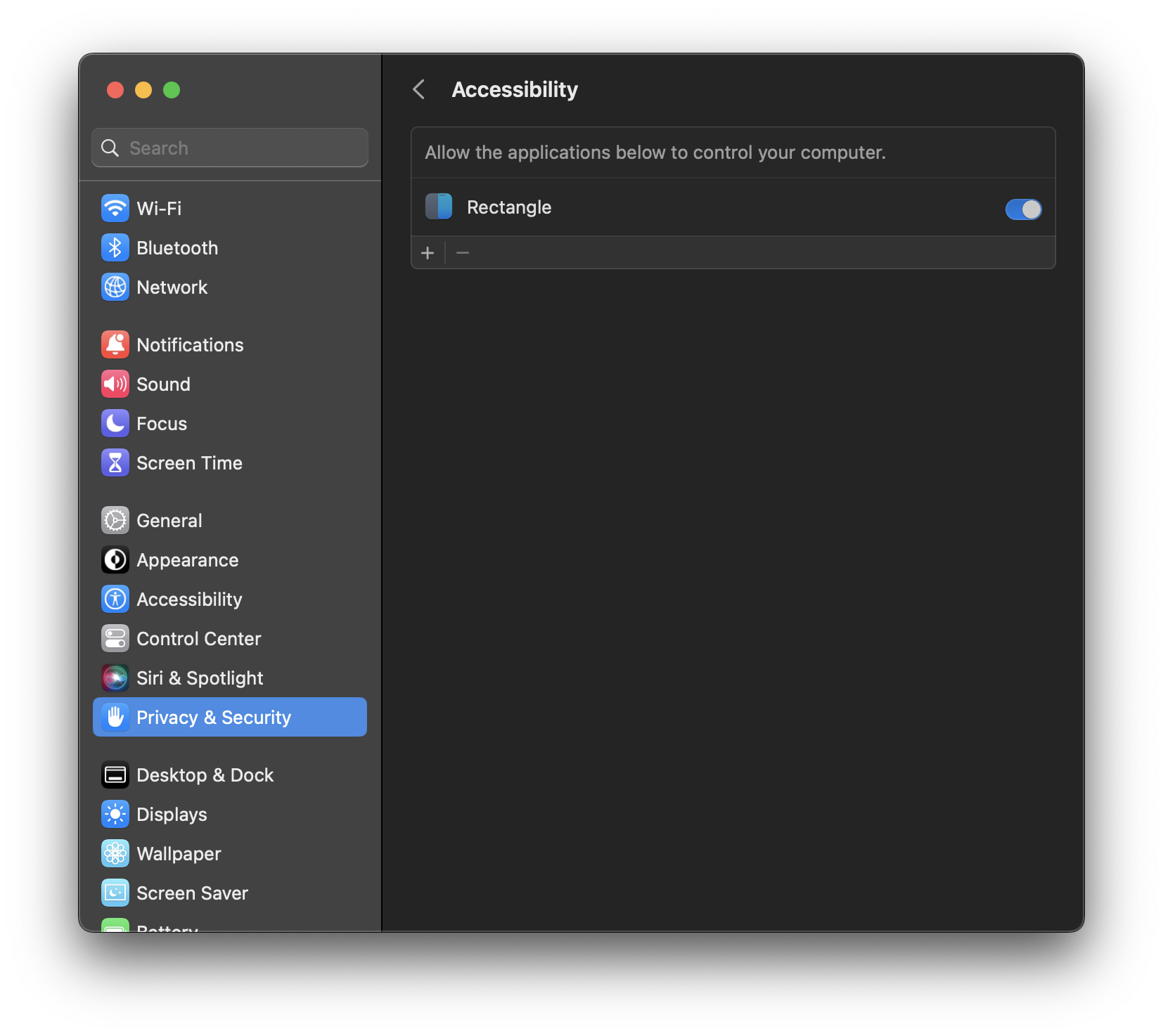 The Privacy and Security pane, after Rectangle has been given the appropriate system permissions.