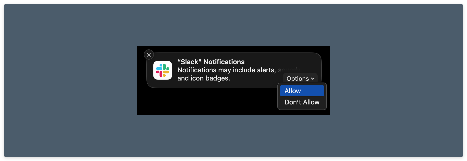 macOS prompting to allow Slack notifications. The allow option is highlighted.