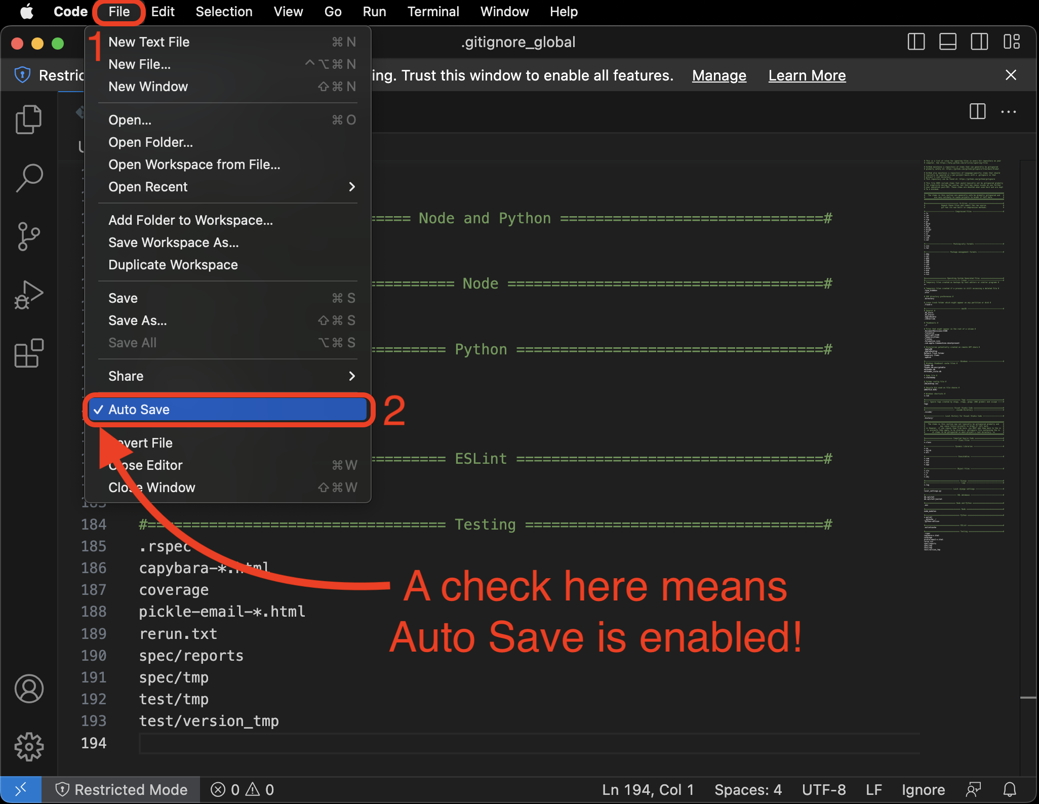 Auto Save checked in the File menu, indicating that Auto Save is enabled.