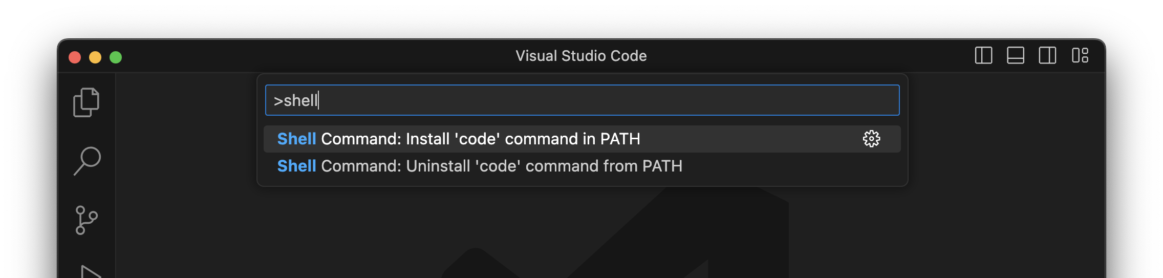 The command palette, with the Shell Command: Install 'code' command in PATH option highlighted.