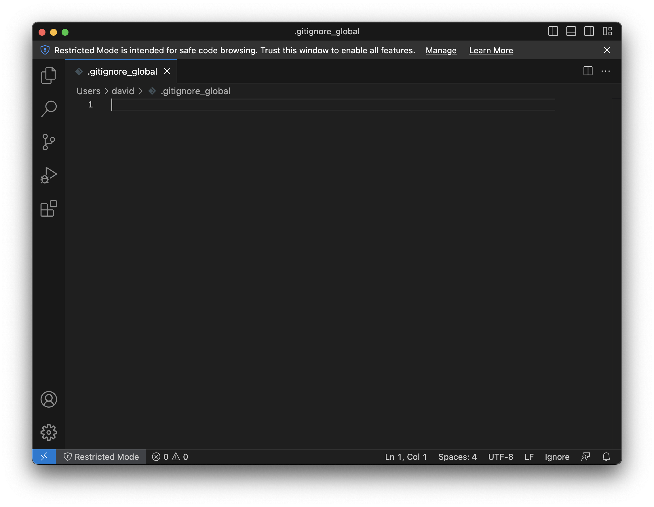 The new .gitignore_global file open in VS Code.
