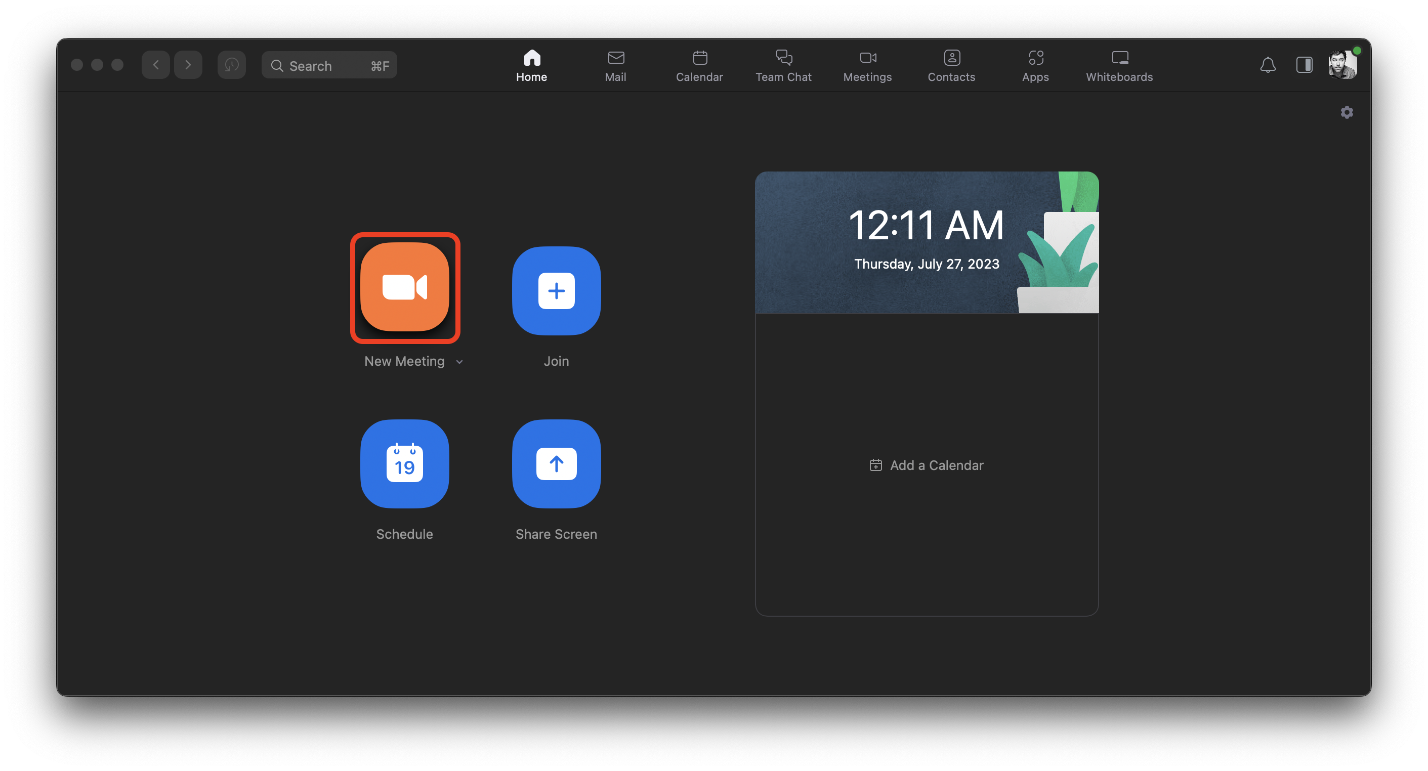 The main Zoom window. The New Meeting button is highlighted.