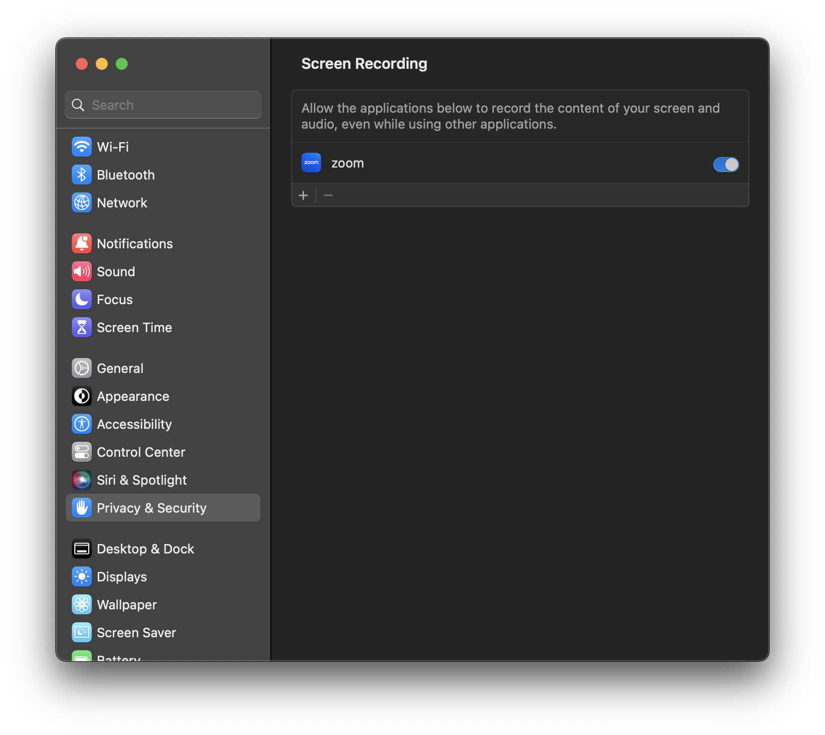 The Privacy & Security pane, after Zoom has been given the appropriate system permissions.