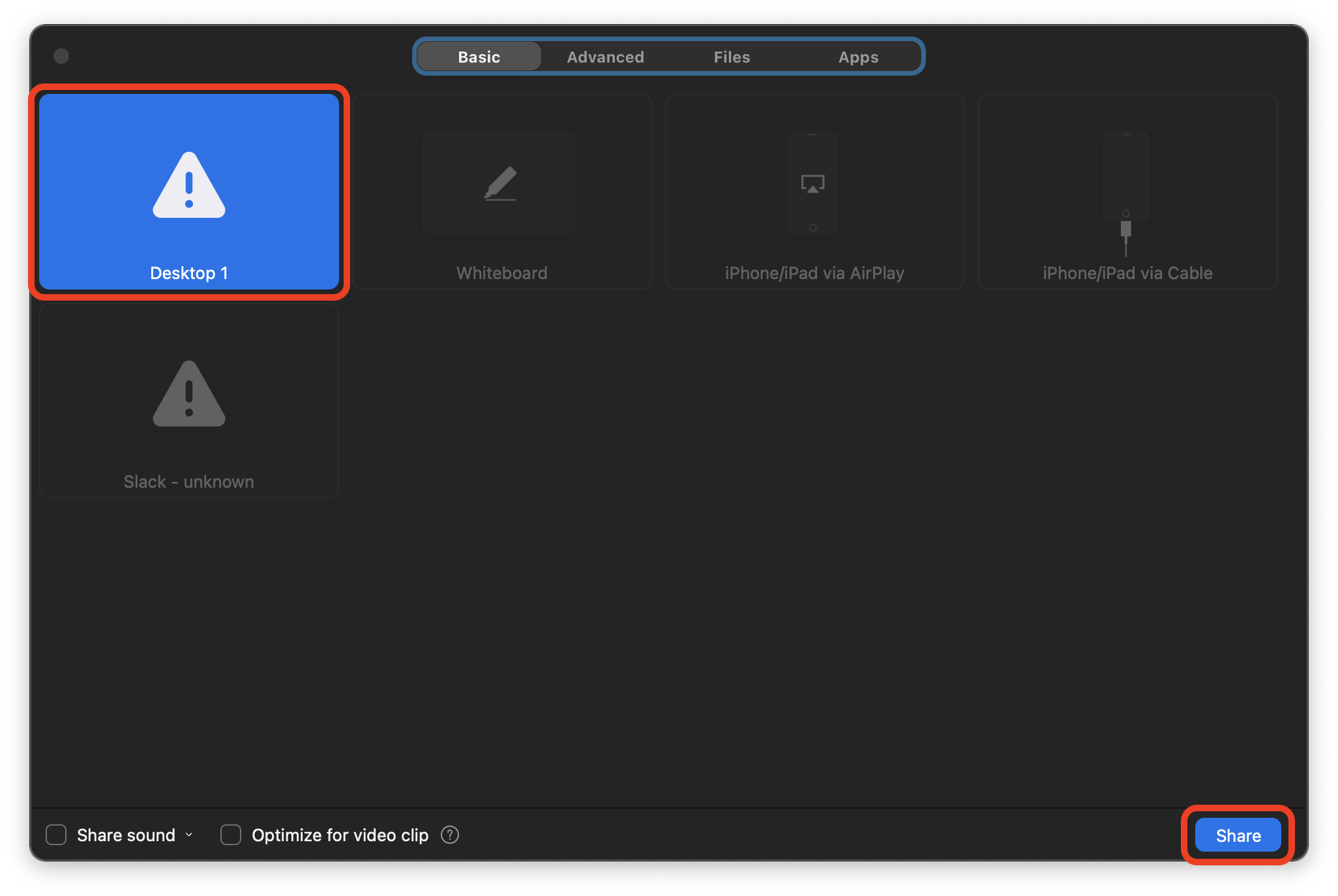 The Screen Share pane. Desktop 1 is selected and the Share button is highlighted.