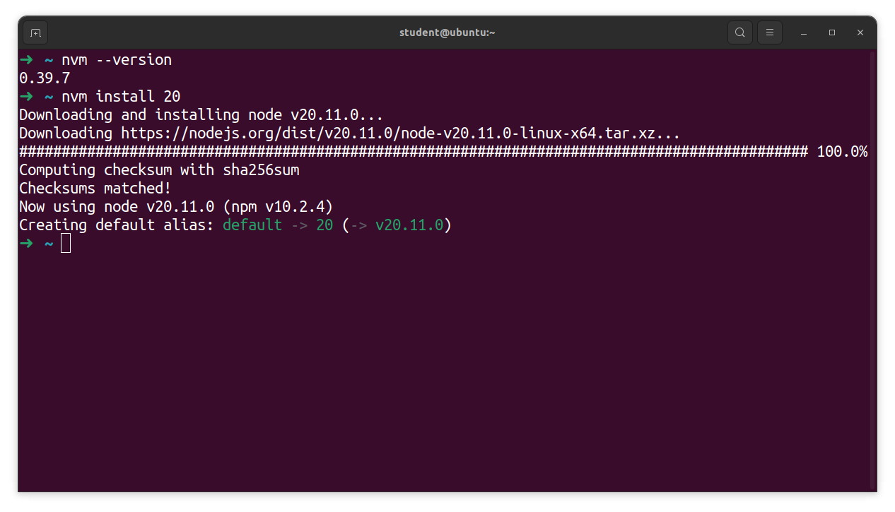 A successful install of node v20.11.0