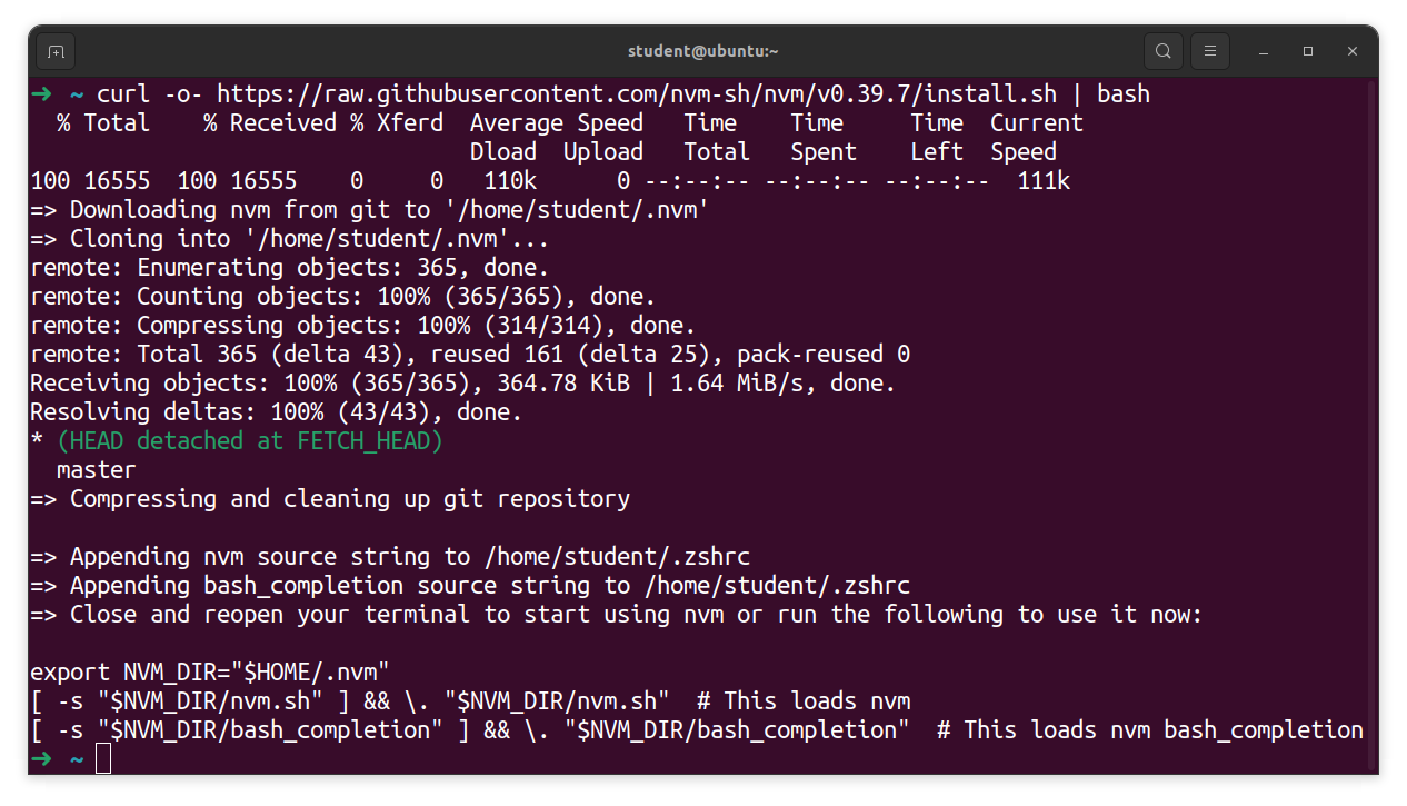 The completed installation of nvm.