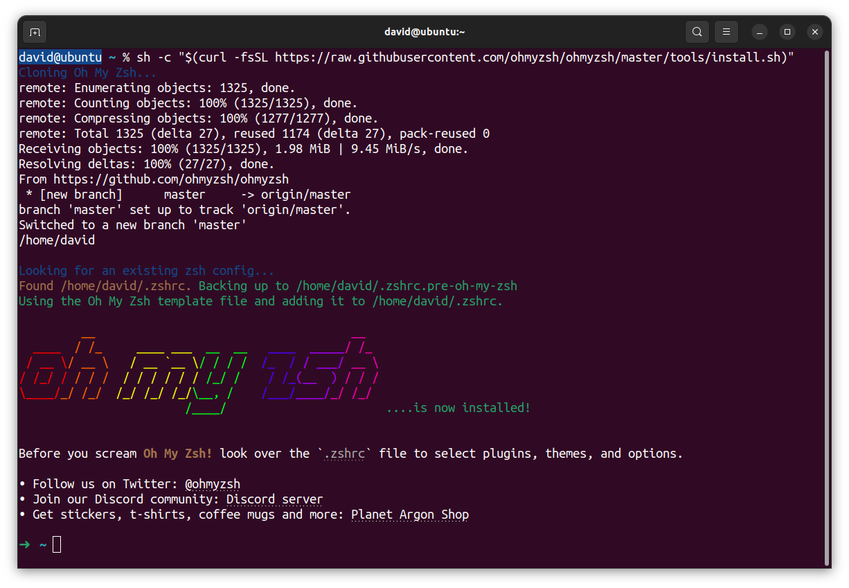 A successful installation of Oh My Zsh