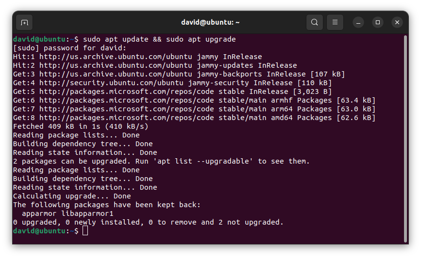 The output of the command to update Ubuntu packages.