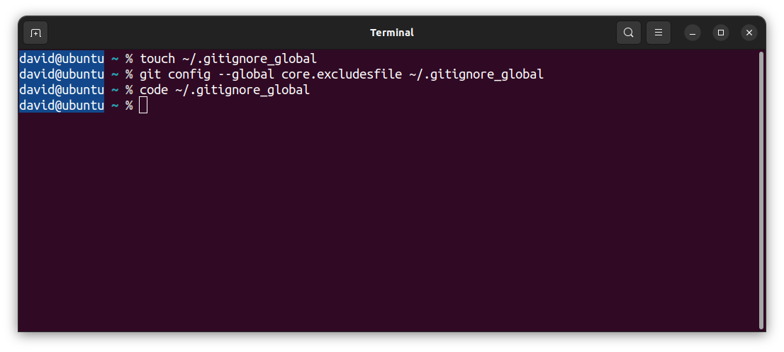 Creating and opening `~/.gitignore_global` in VS Code running the `code` command.