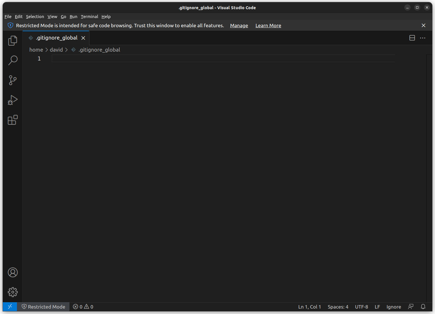 The new .gitignore_global file open in VS Code.