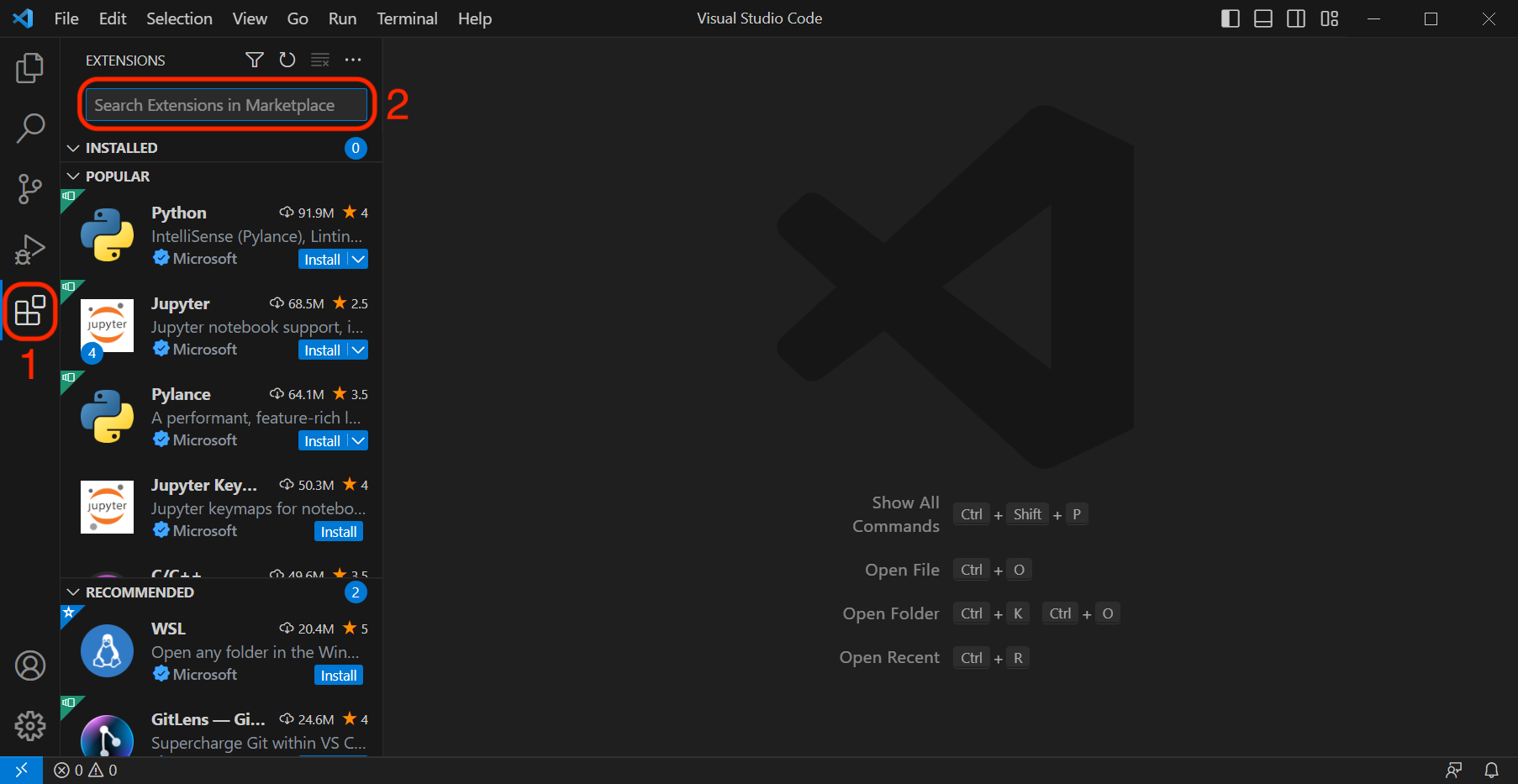 Searching for extensions on the extensions marketplace in VS Code