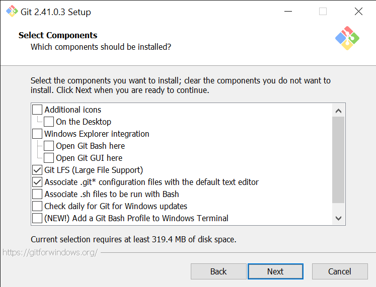 Note we have unchecked some features not required for our purposes that may only be confusing, get in the way, or waste hard drive space.