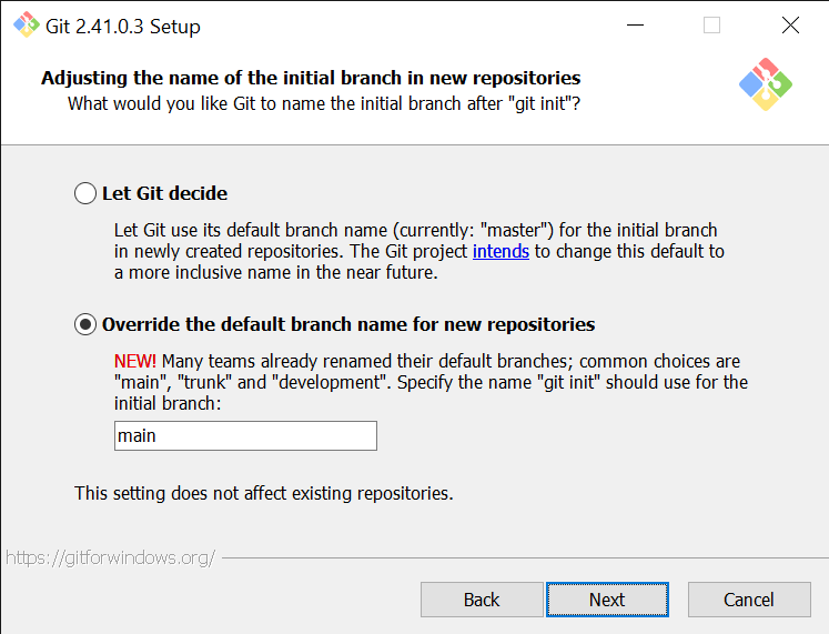 `main` has been selected as the default branch name.
