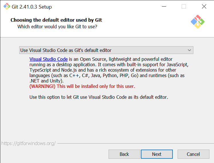 We are using VS Code as Git's default editor (just in case you ever use Git in Windows for any reason in the future, this will already be set up for you)