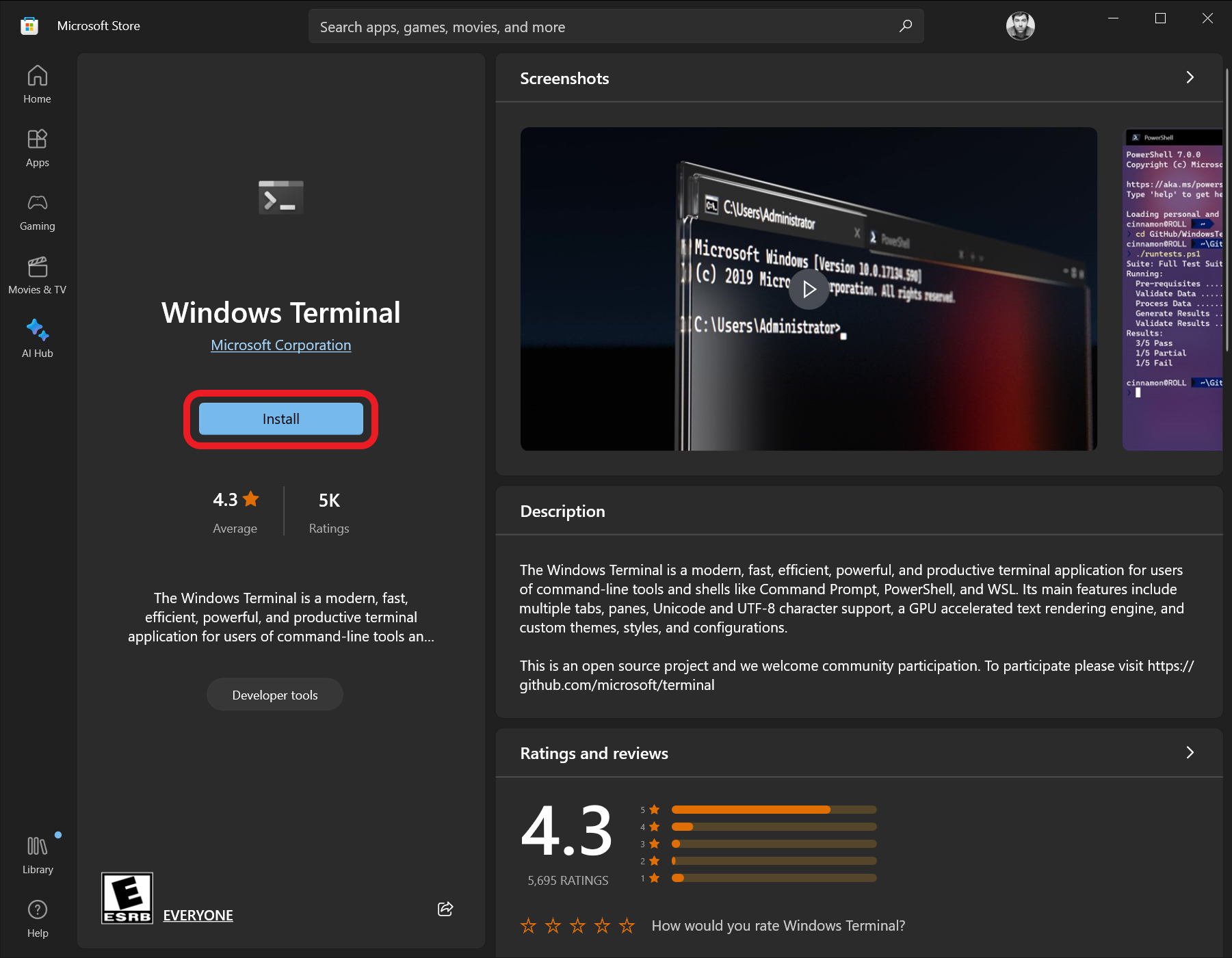 The Windows Terminal app page on the Microsoft store. The Install button is highlighted in red.